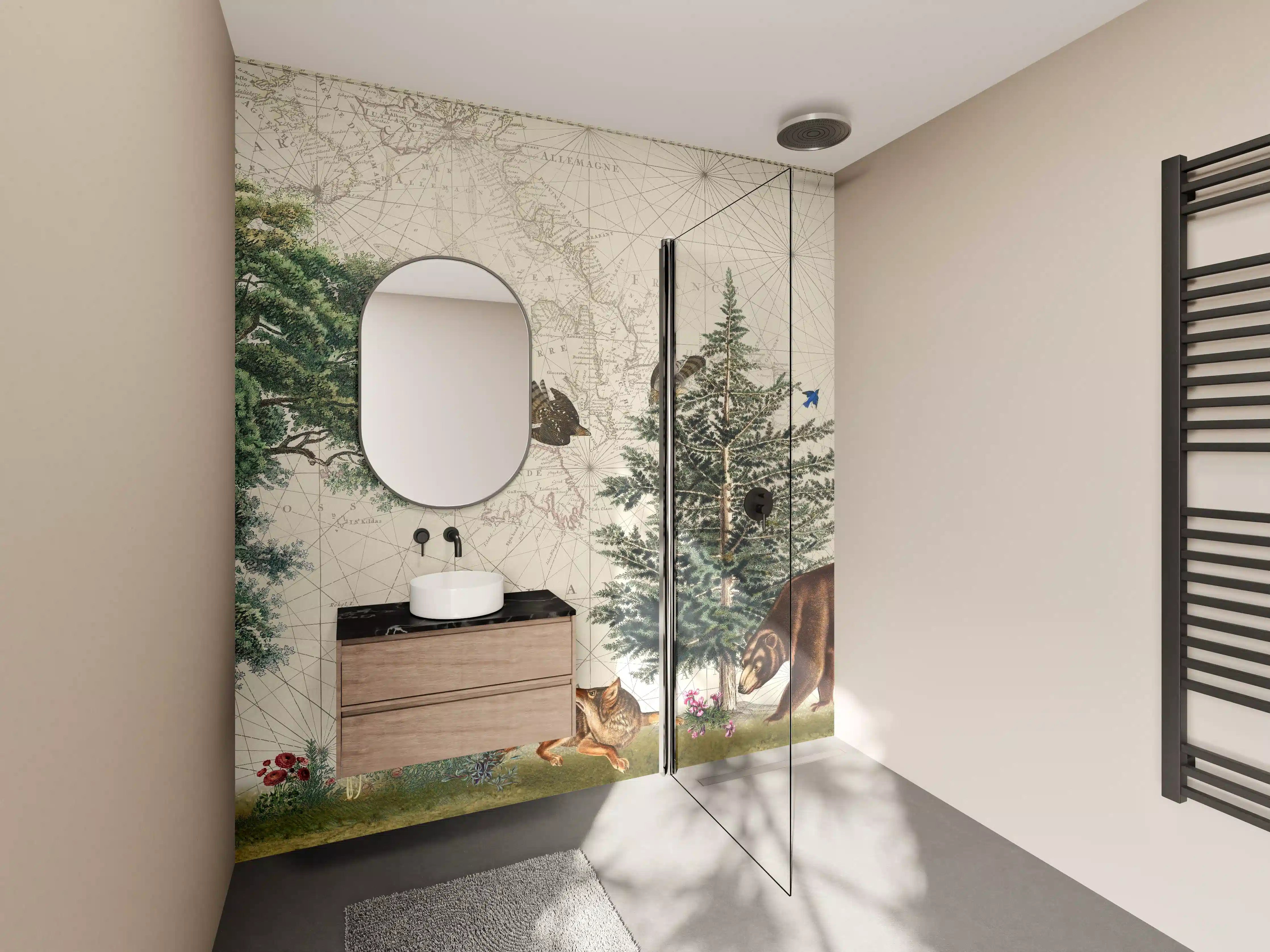 Wandverkleidung Bad - Weltkarte mit tropischem Wald