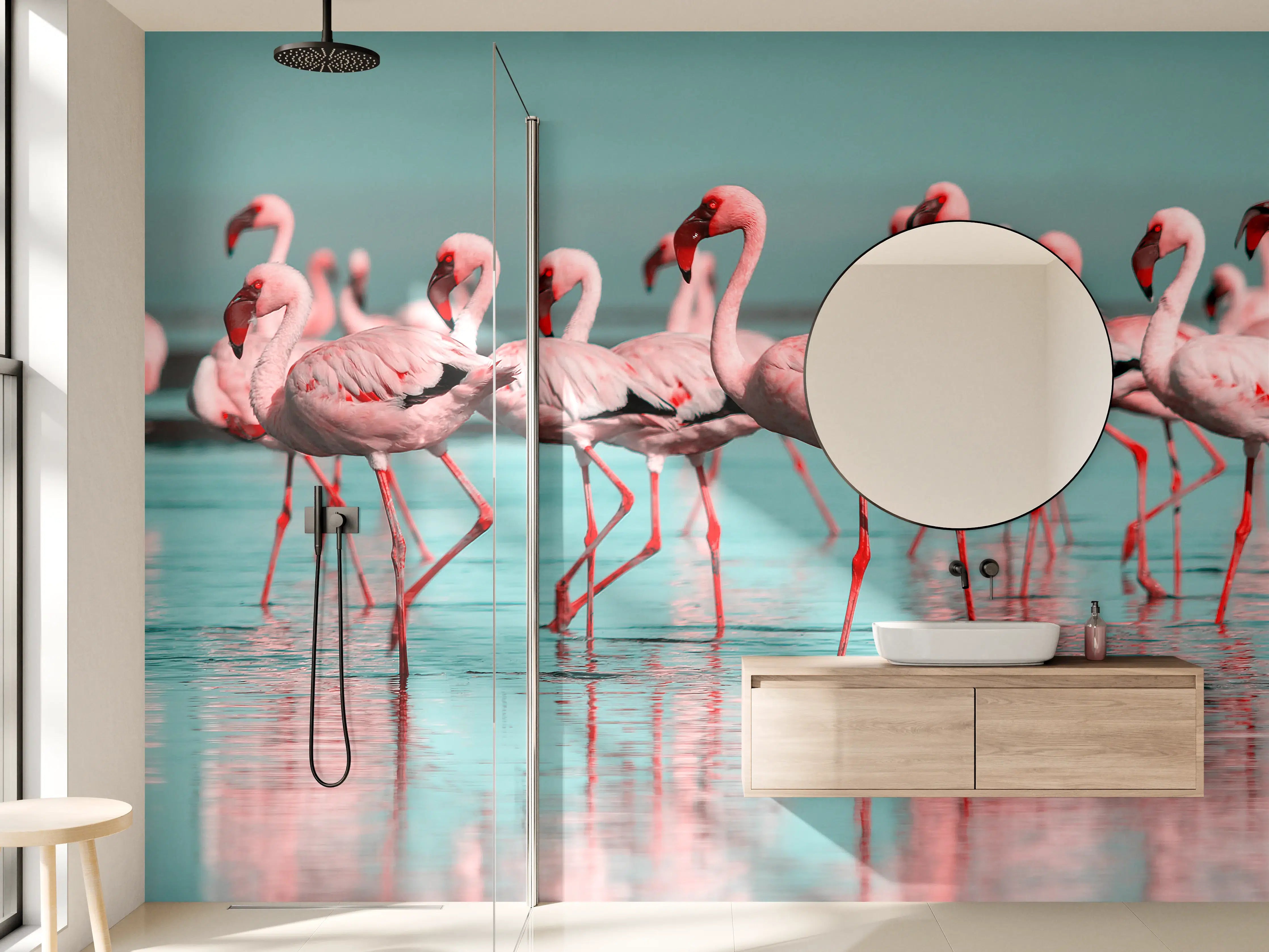 Wandverkleidung Bad - Wilde Flamingo auf dem Wasser
