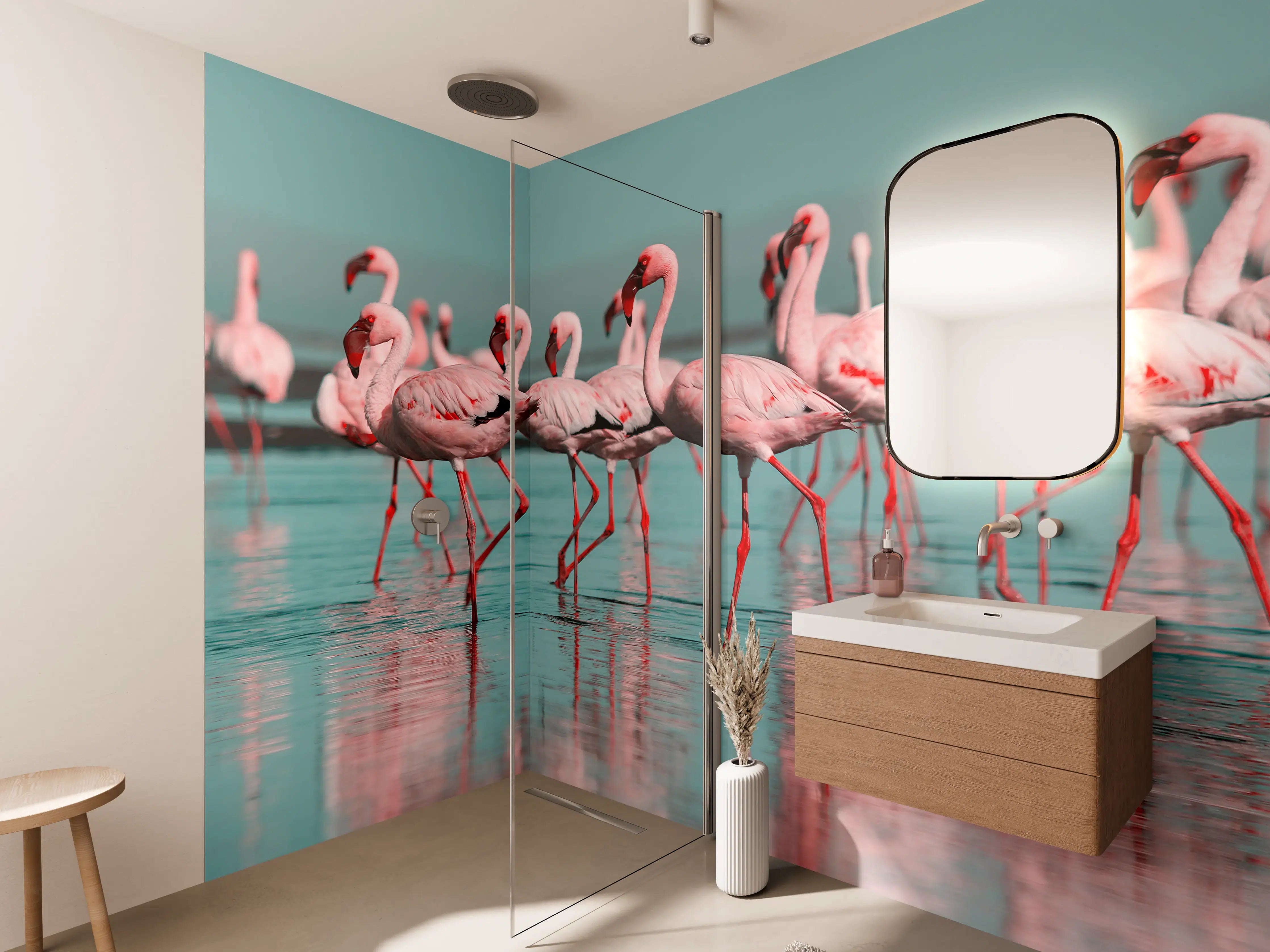 Wandverkleidung Bad - Wilde Flamingo auf dem Wasser