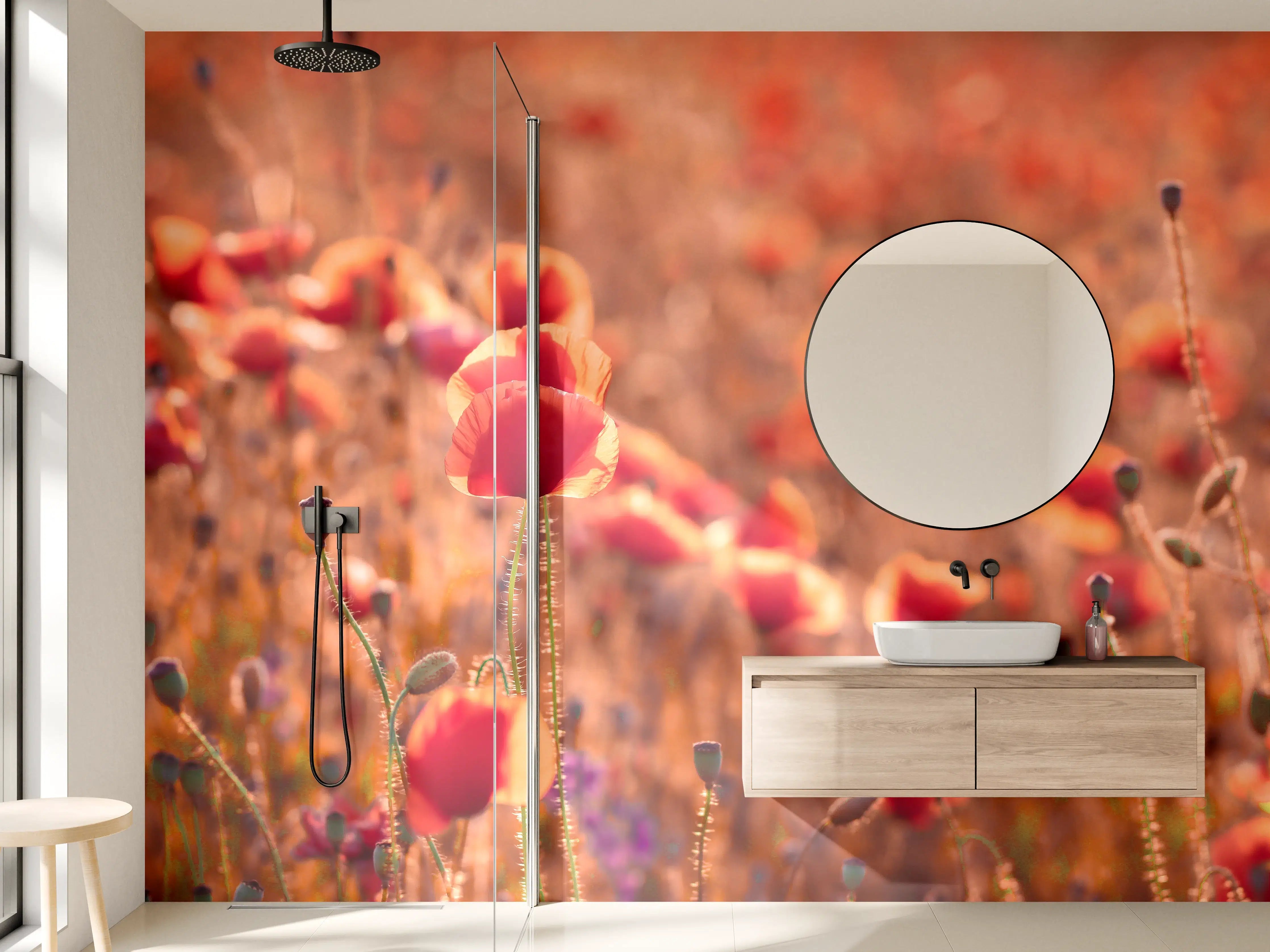 Wandverkleidung Bad - Wilder Mohnblumenmeer in warmen Orangetönen