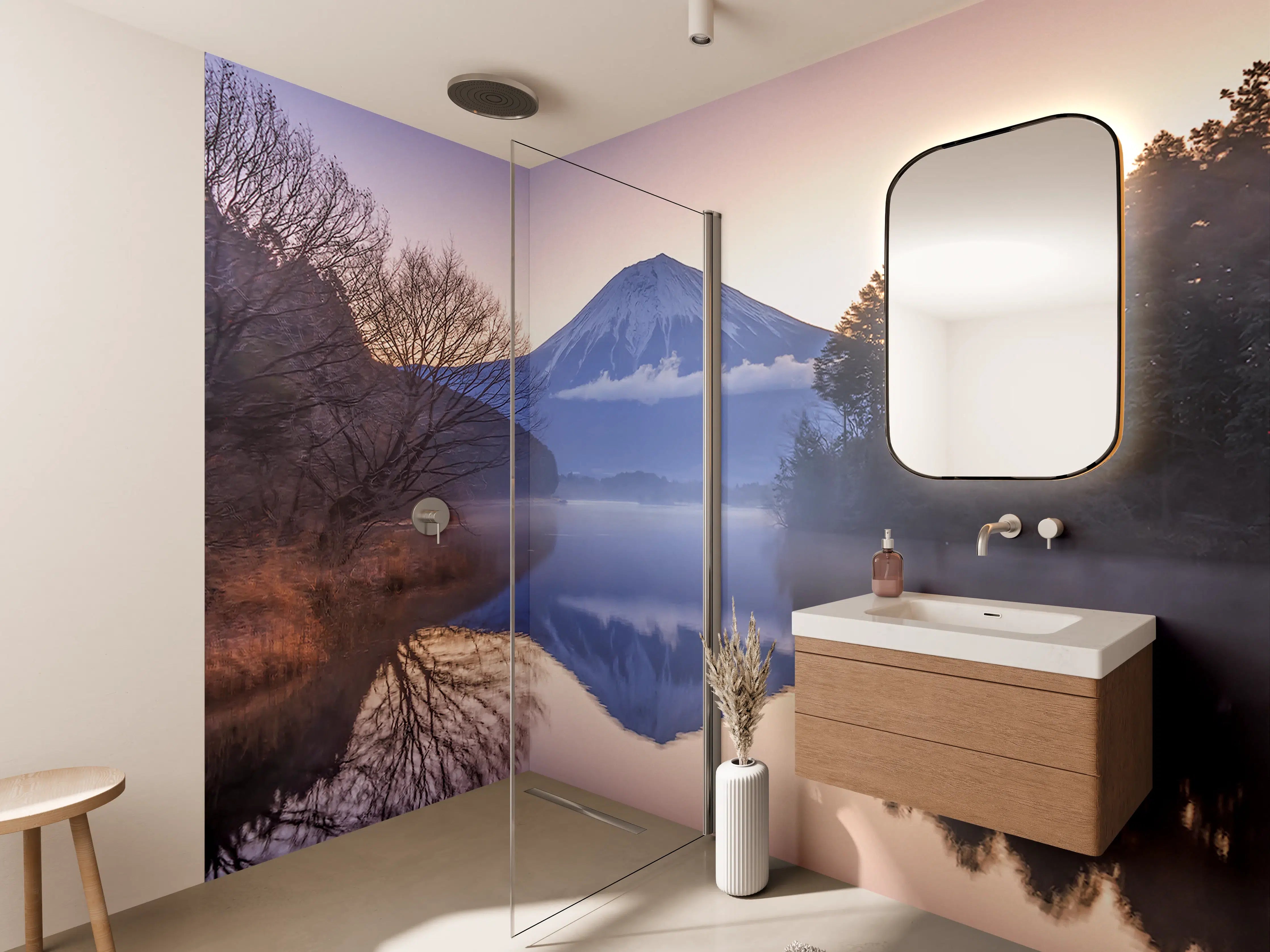 Wandverkleidung Bad - Winterlicher Fuji-Spiegelung