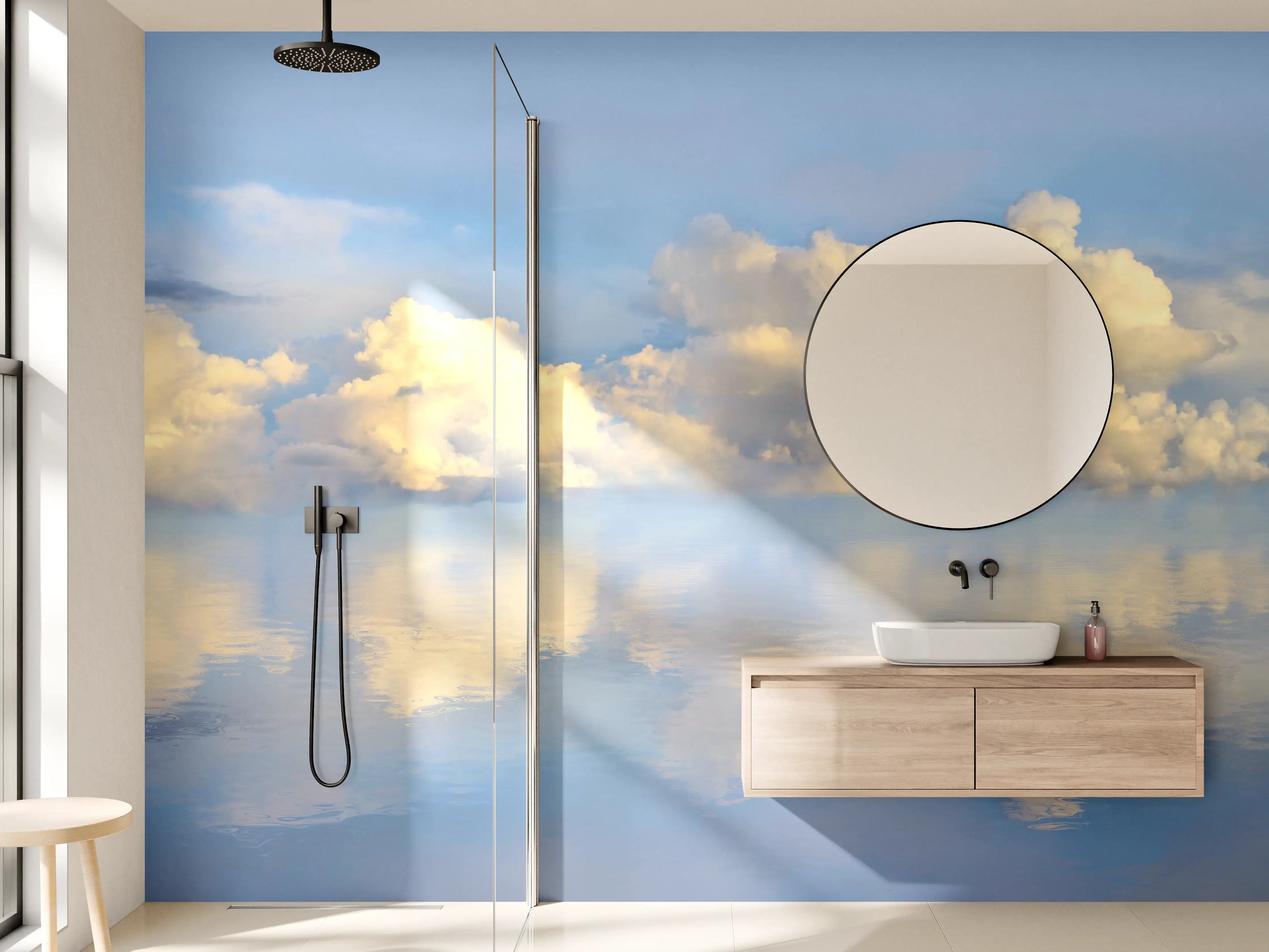 Wandverkleidung Bad - Wolkenmeer mit spiegelnder Wasseroberfläche