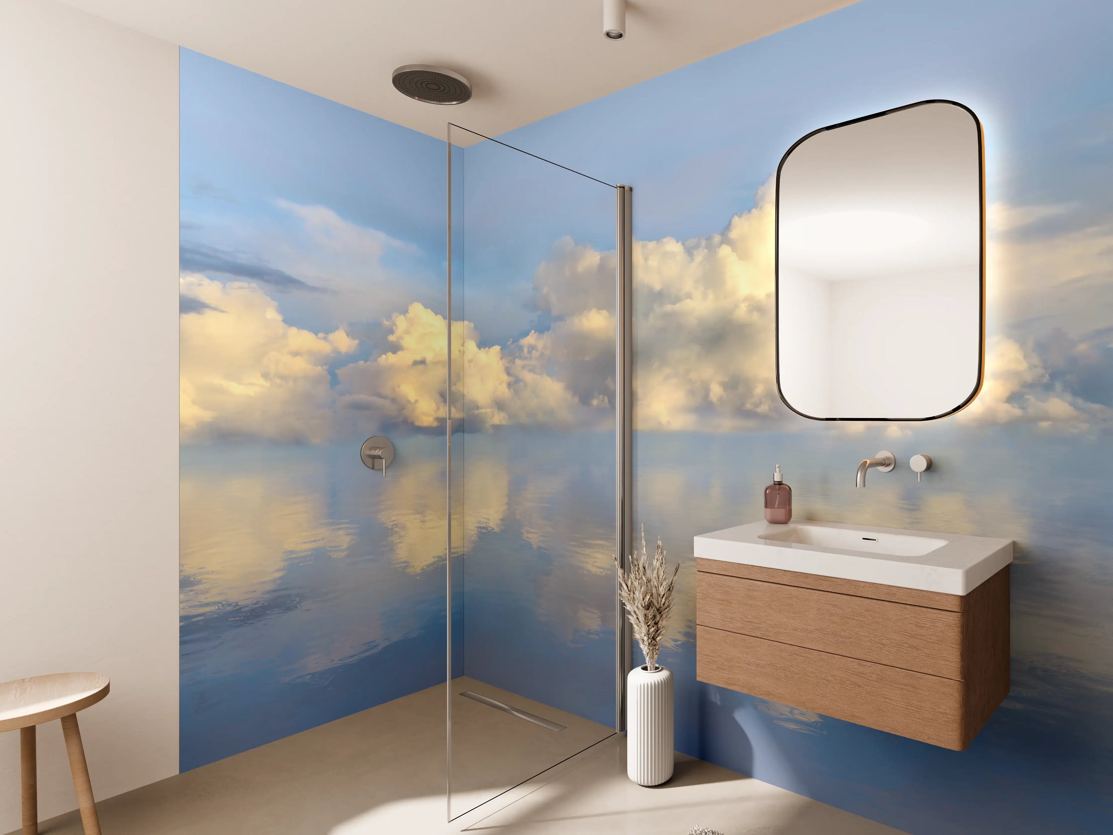Wandverkleidung Bad - Wolkenmeer mit spiegelnder Wasseroberfläche