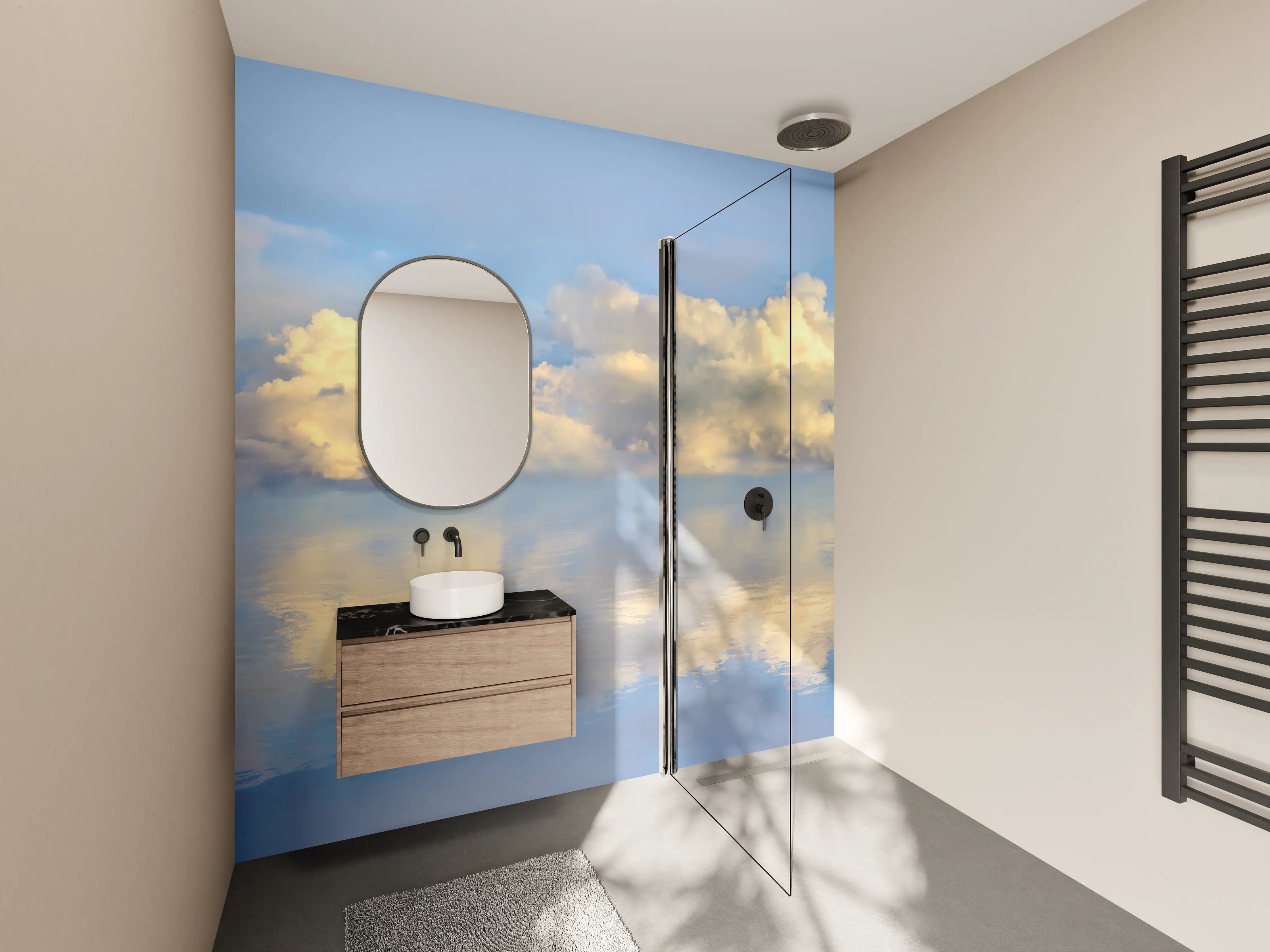 Wandverkleidung Bad - Wolkenmeer mit spiegelnder Wasseroberfläche