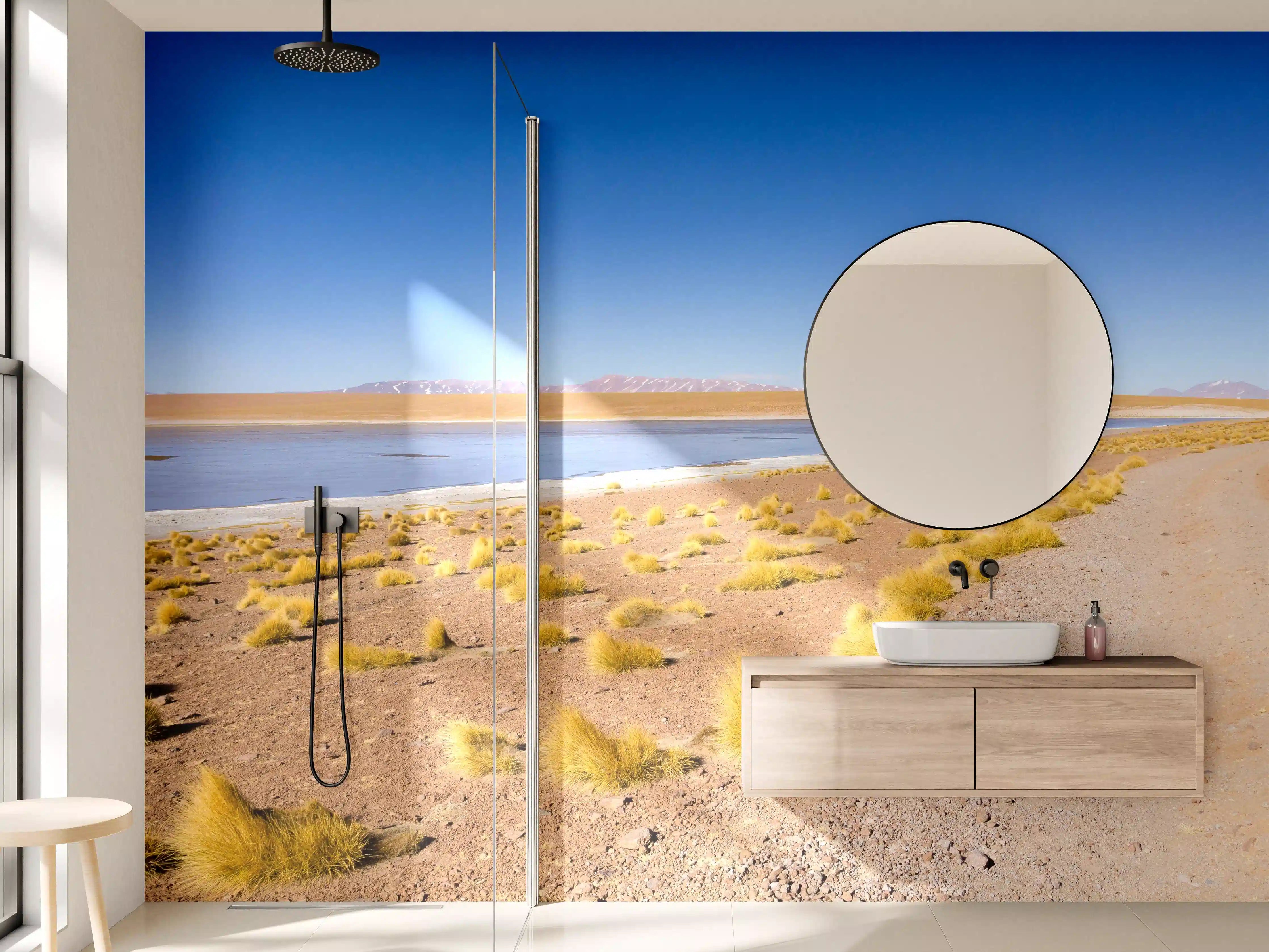 Wandverkleidung Bad - Wüstenlandschaft mit Salzsee und blauer Himmel