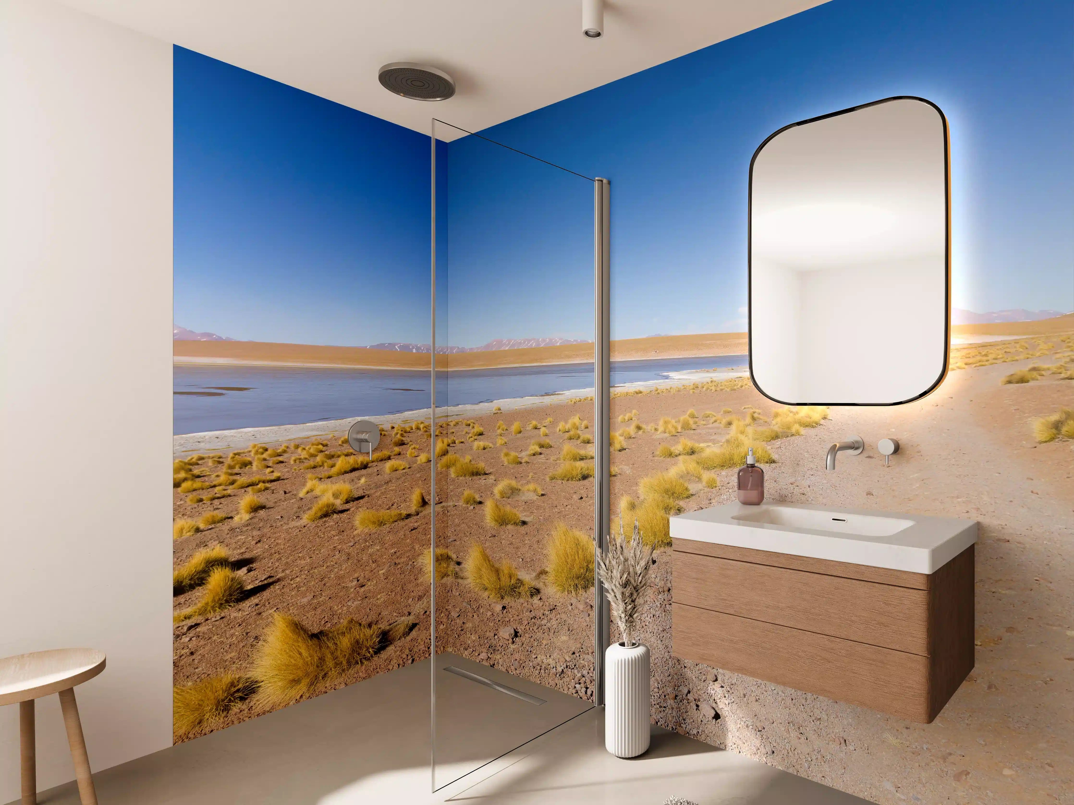 Wandverkleidung Bad - Wüstenlandschaft mit Salzsee und blauer Himmel