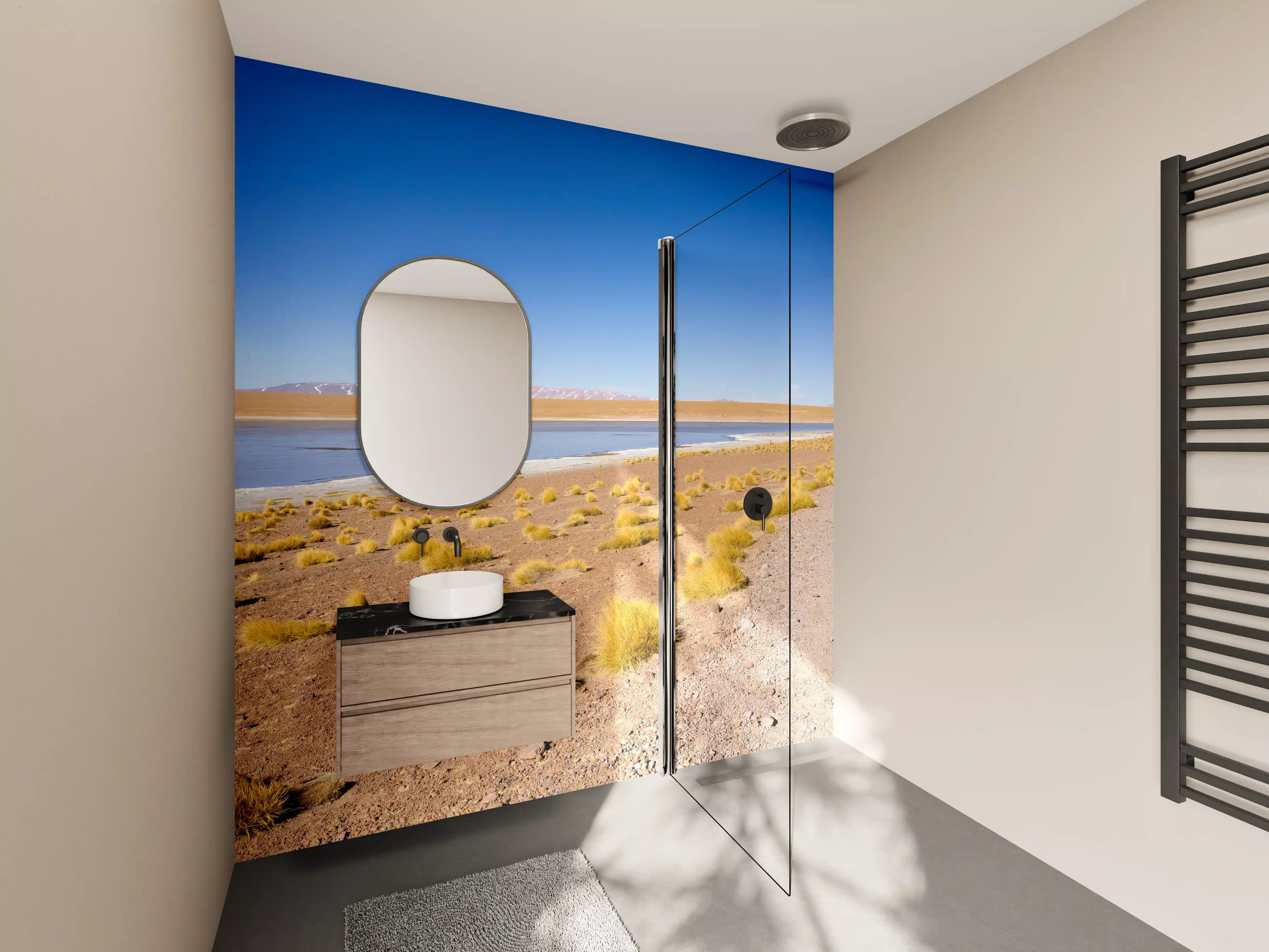 Wandverkleidung Bad - Wüstenlandschaft mit Salzsee und blauer Himmel