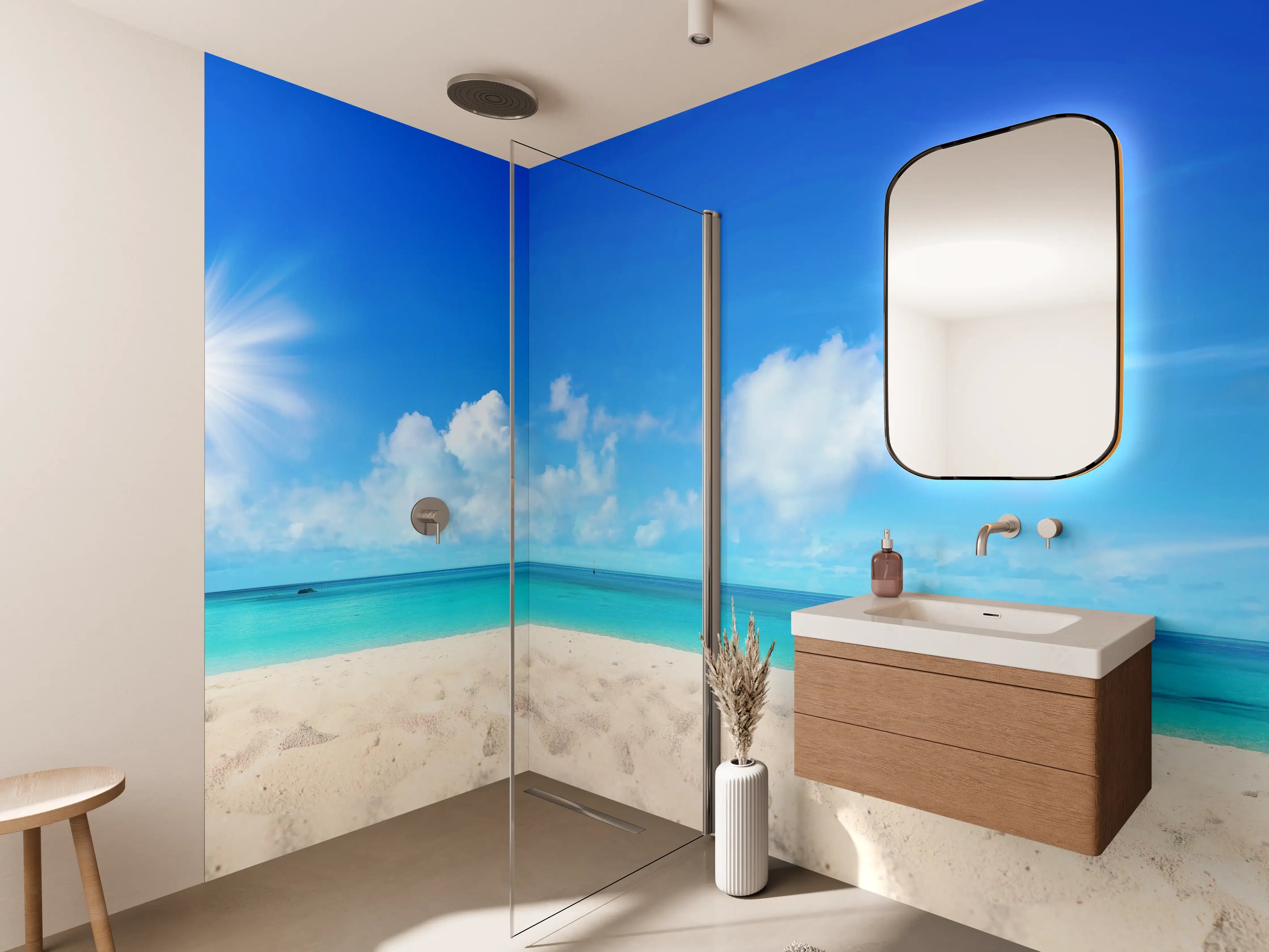 Wandverkleidung Bad - Wunderschöner Strand mit hellem Sand