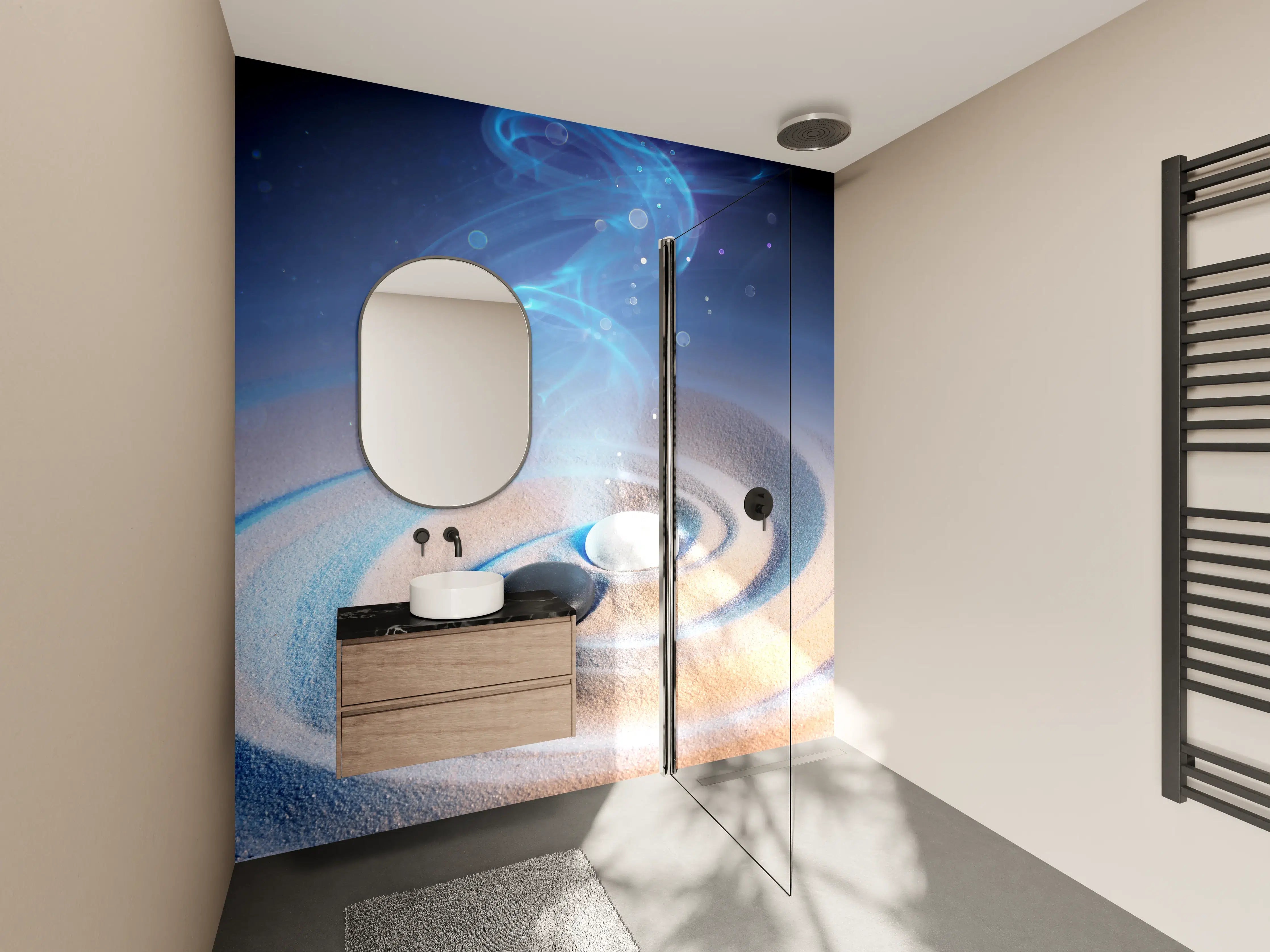 Wandverkleidung Bad - Yin und Yang Steine im Sand