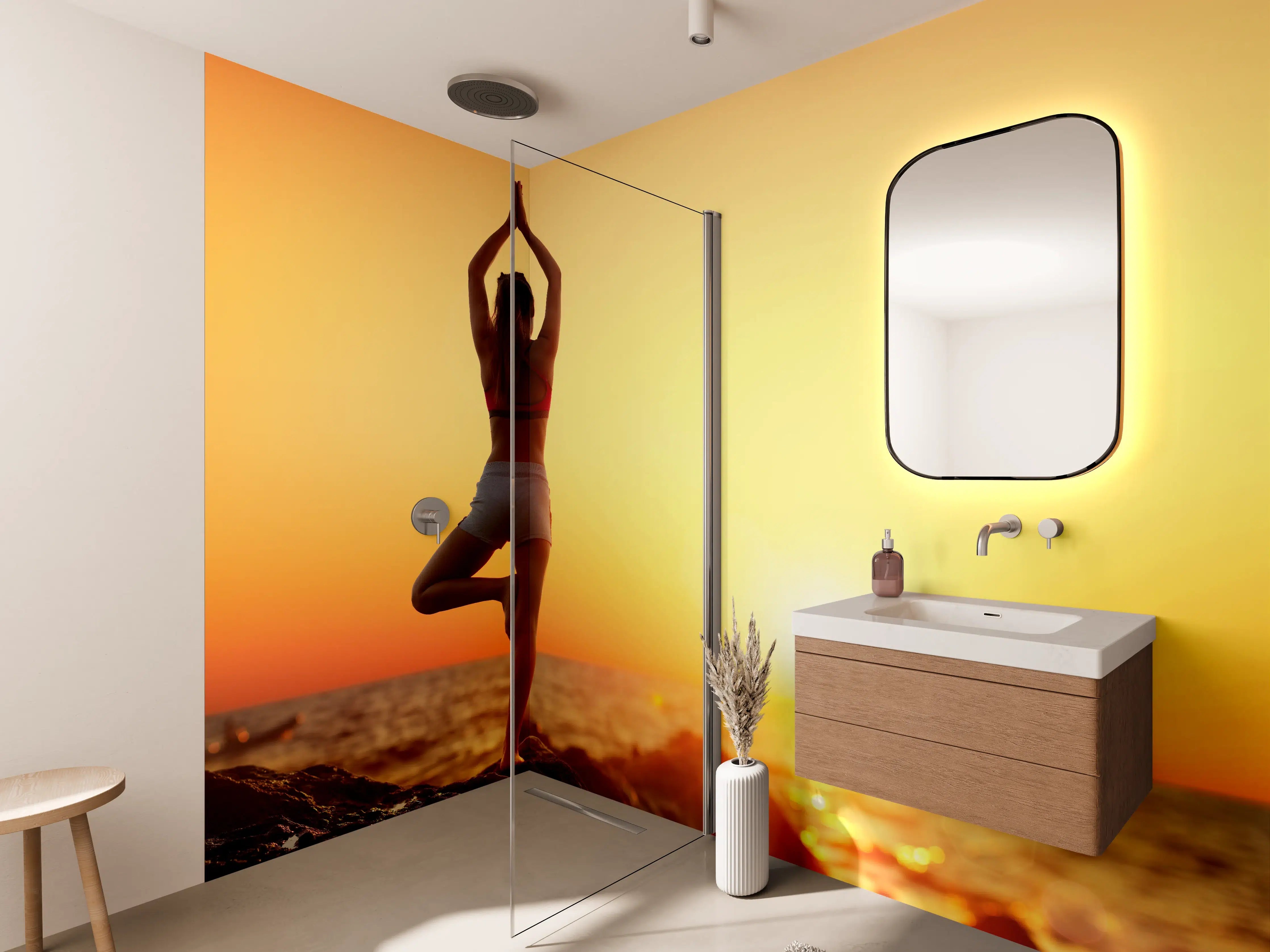 Wandverkleidung Bad - Yoga bei Sonnenuntergang