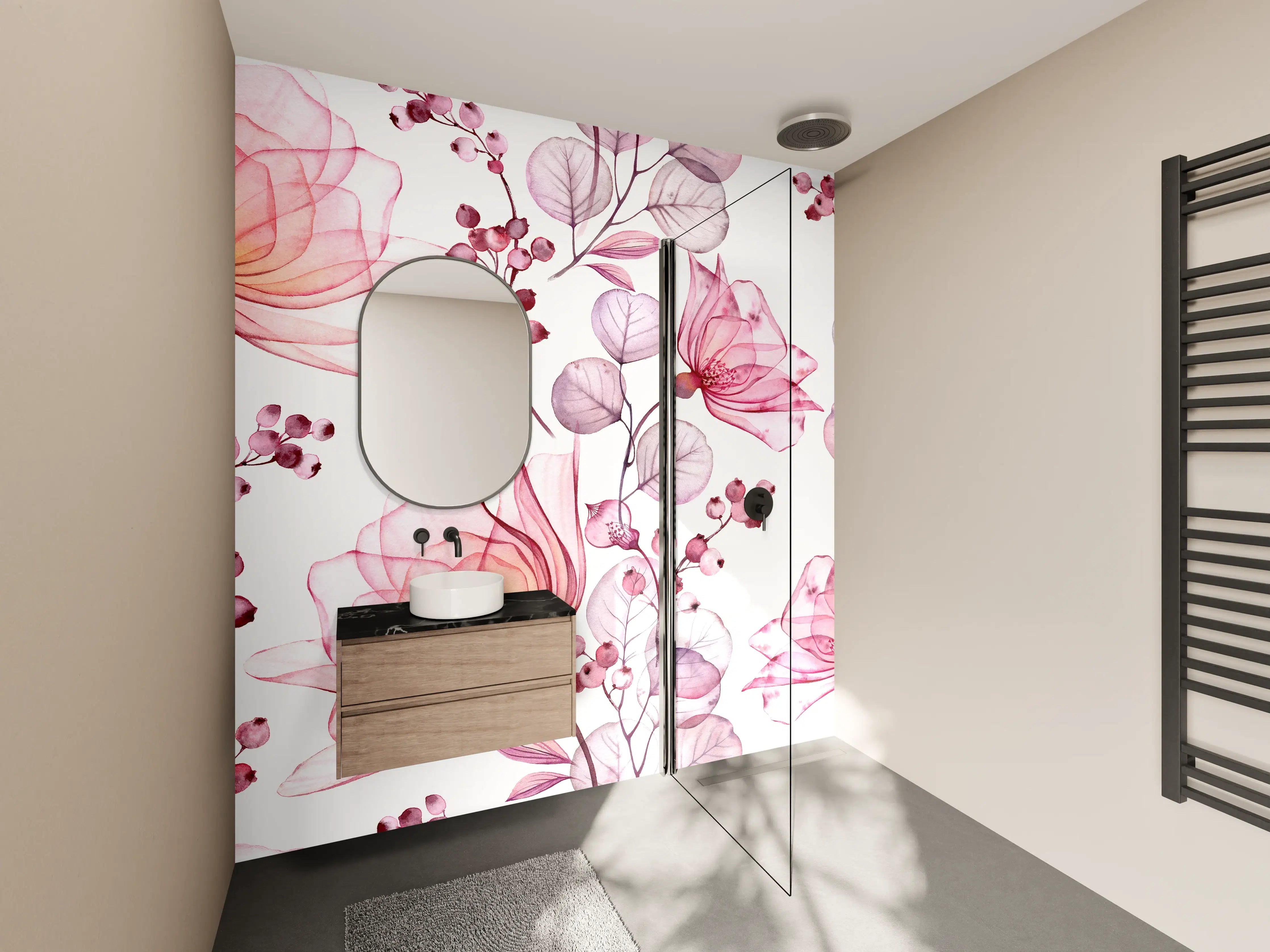 Wandverkleidung Bad - Zarte Blüten in Rosa und Mauve