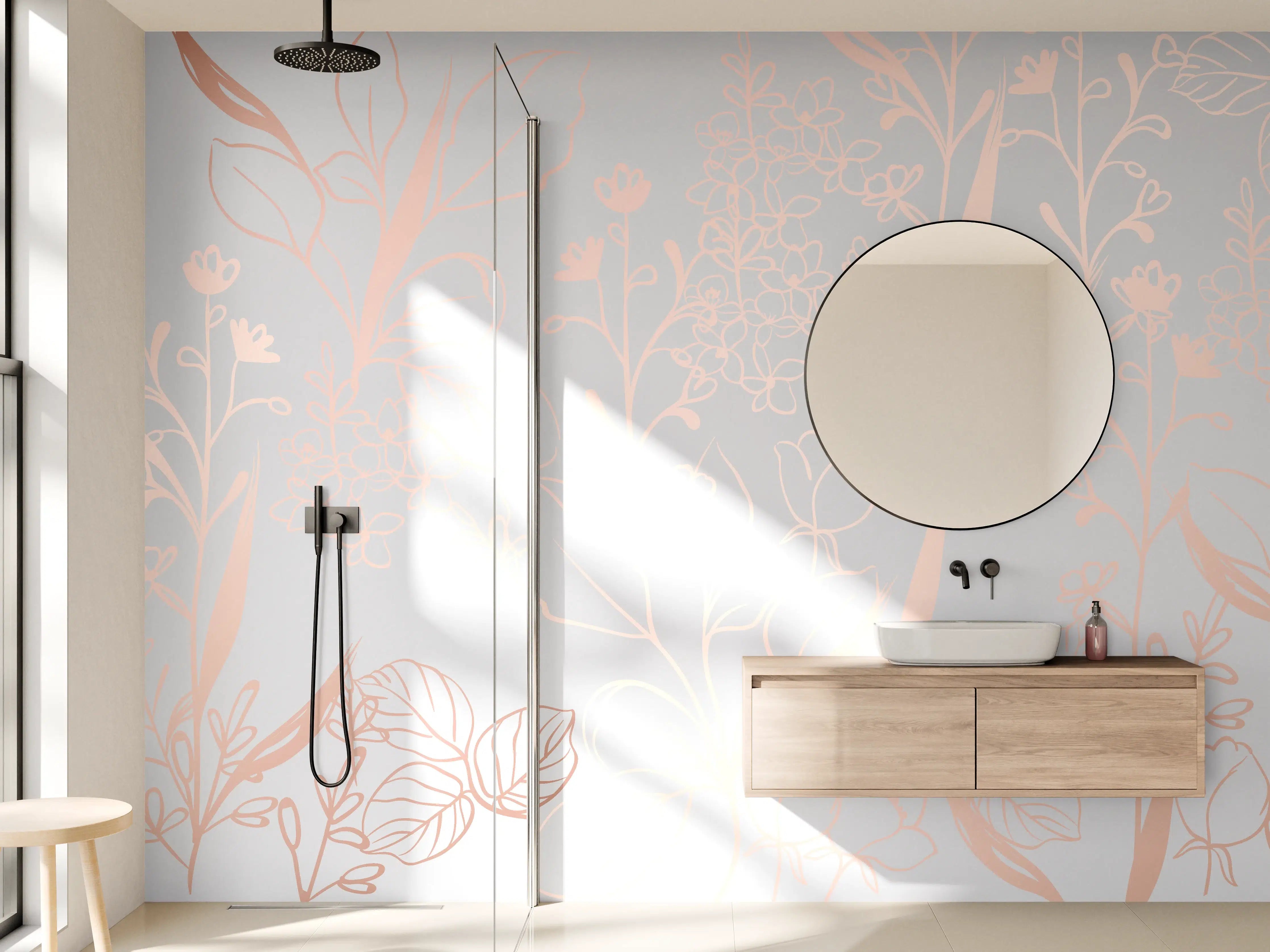 Wandverkleidung Bad - Zarte Blütenillustration Beige-Rosa