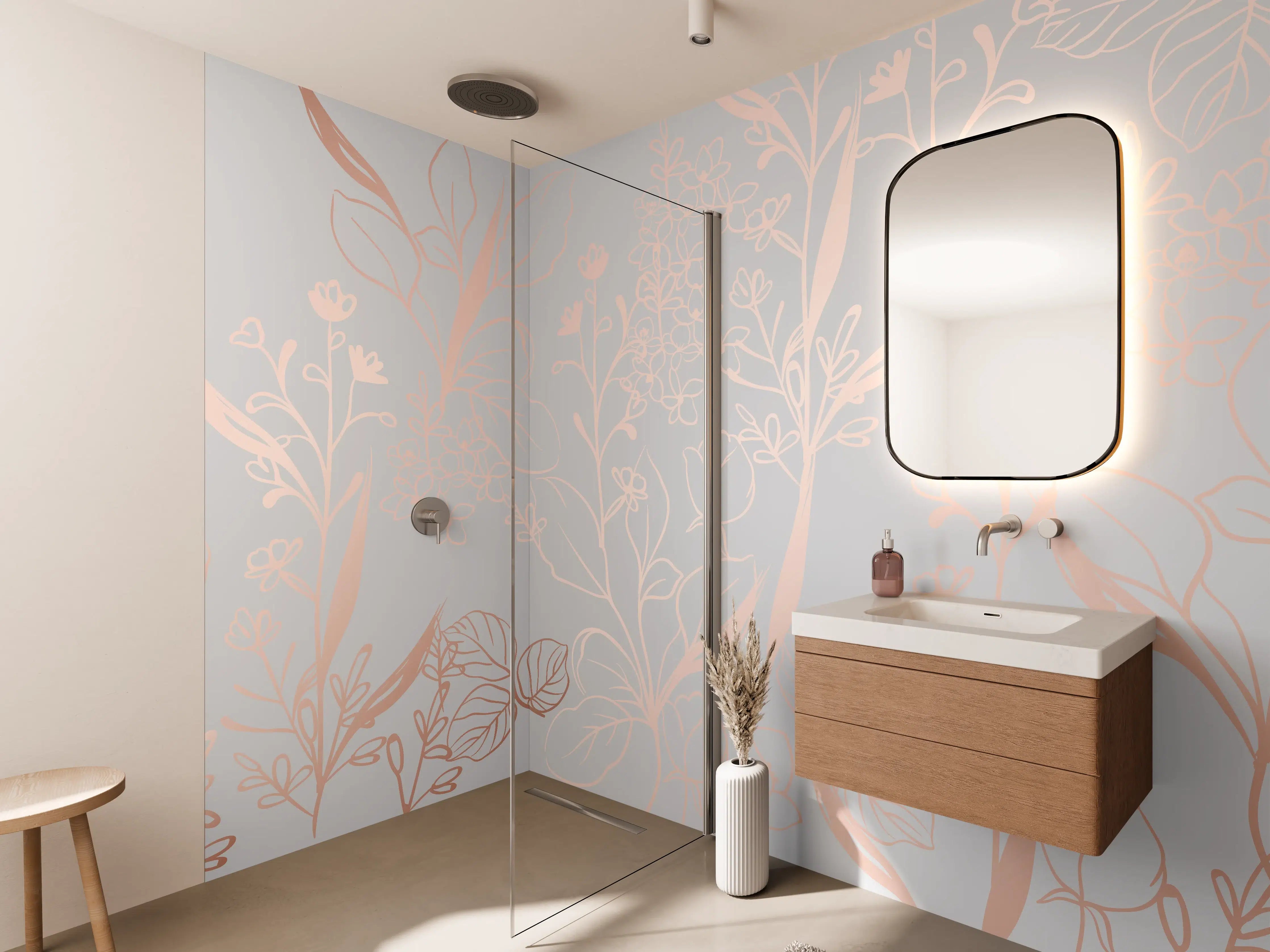 Wandverkleidung Bad - Zarte Blütenillustration Beige-Rosa