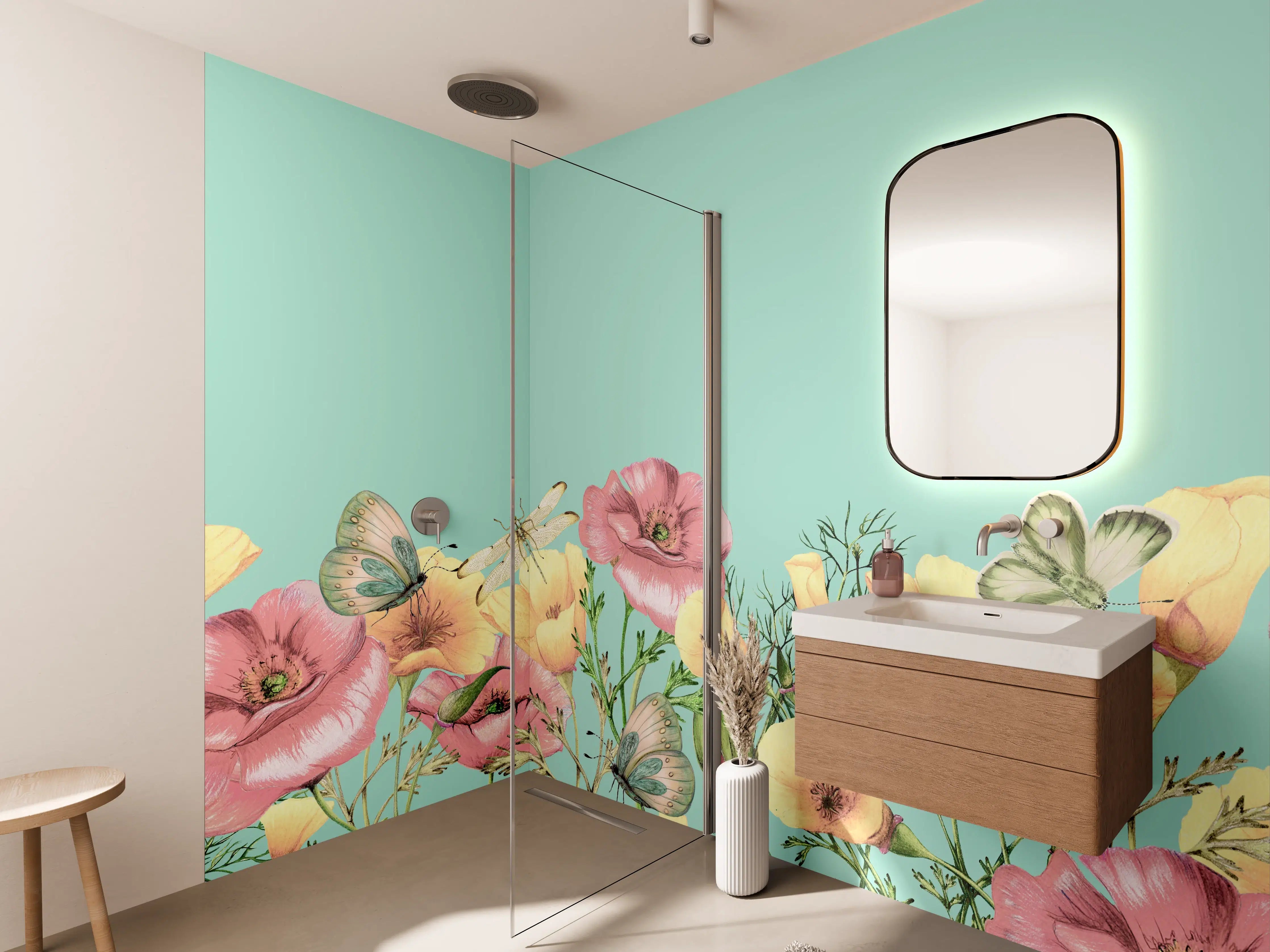 Wandverkleidung Bad - Zarte Grauflorale Muster