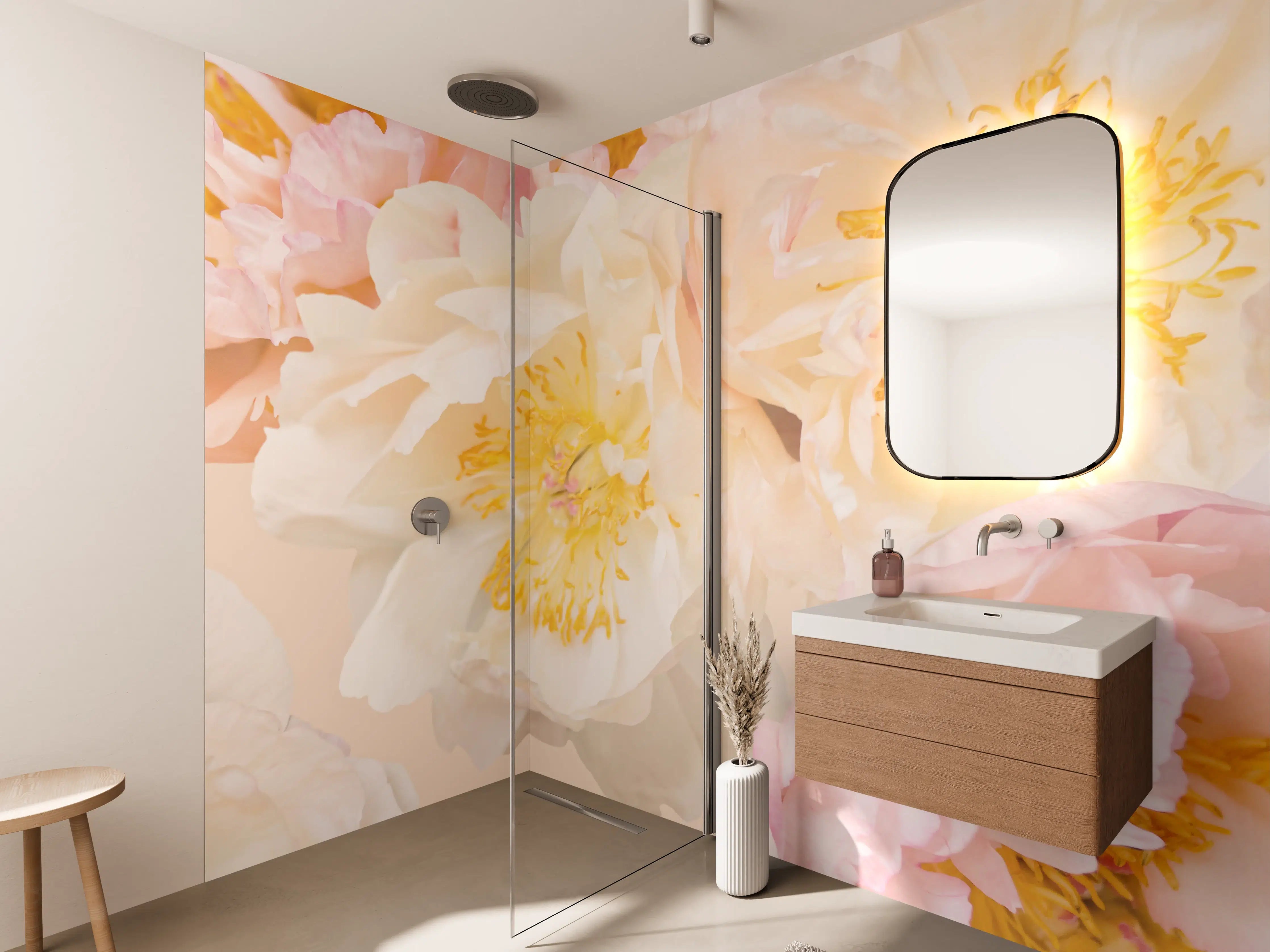 Wandverkleidung Bad - Zarte Graupastellblüten