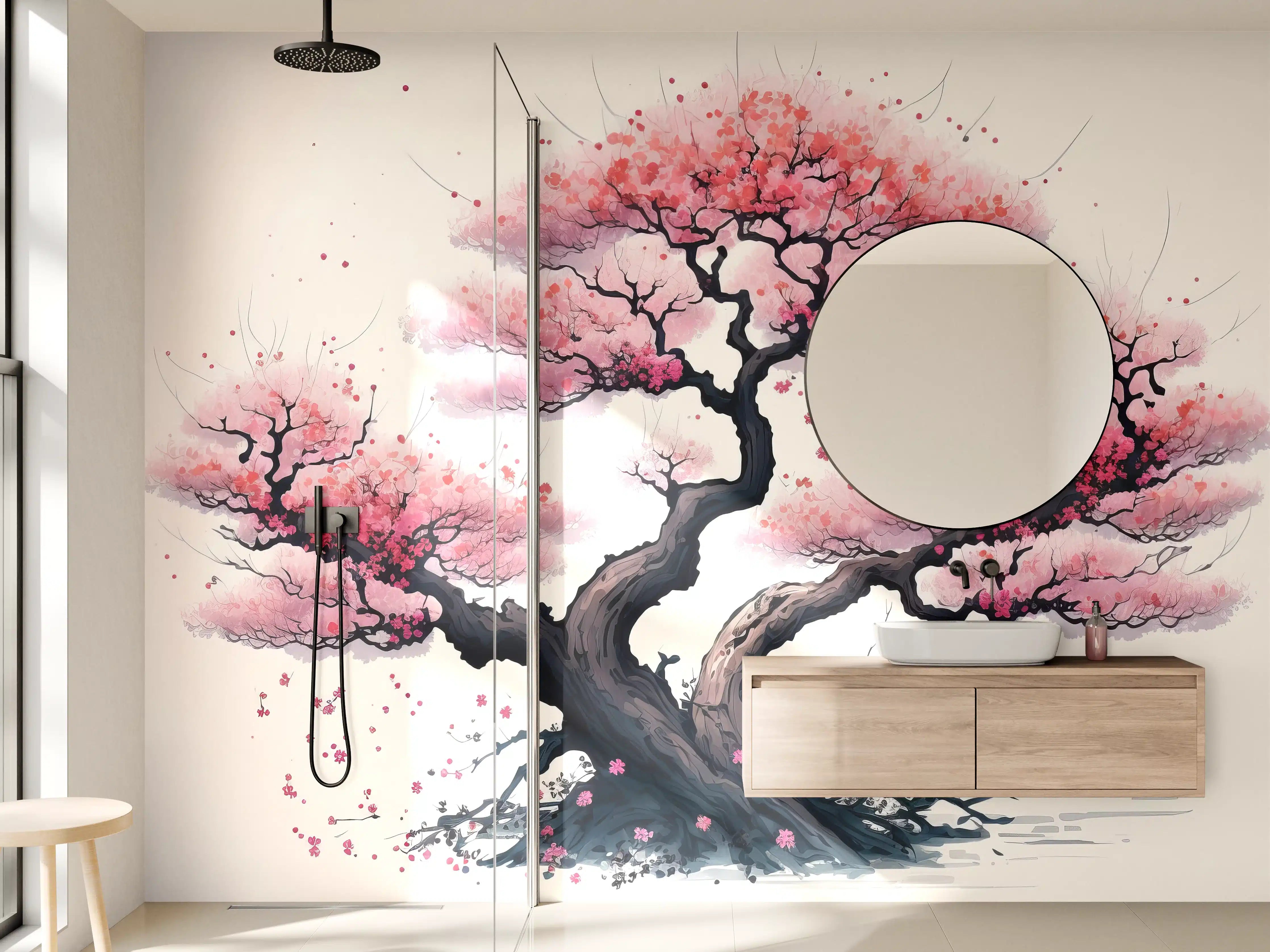 Wandverkleidung Bad - Zarte Kirschblüten in Grauweiß: Aquarellmalerei