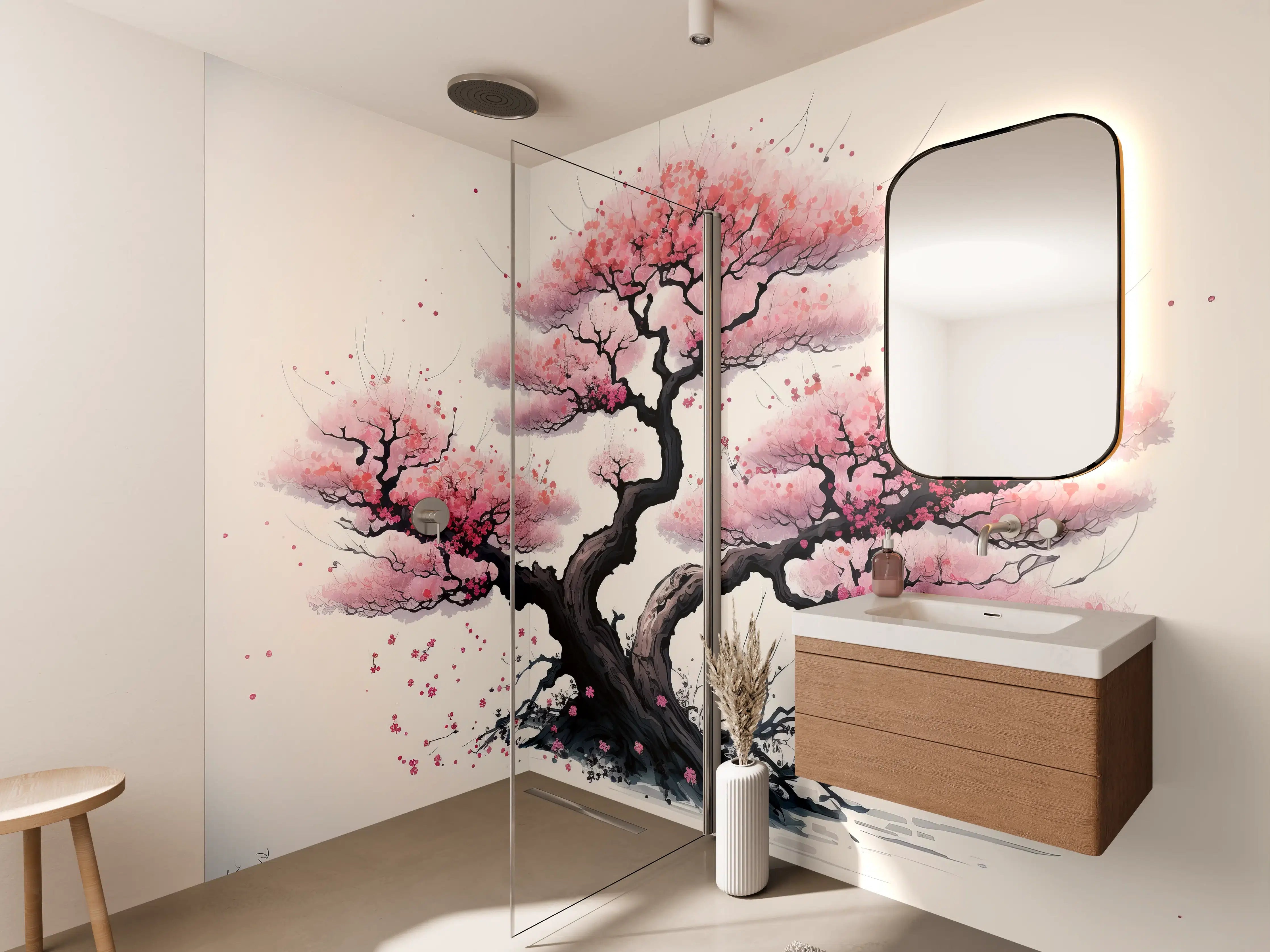 Wandverkleidung Bad - Zarte Kirschblüten in Grauweiß: Aquarellmalerei