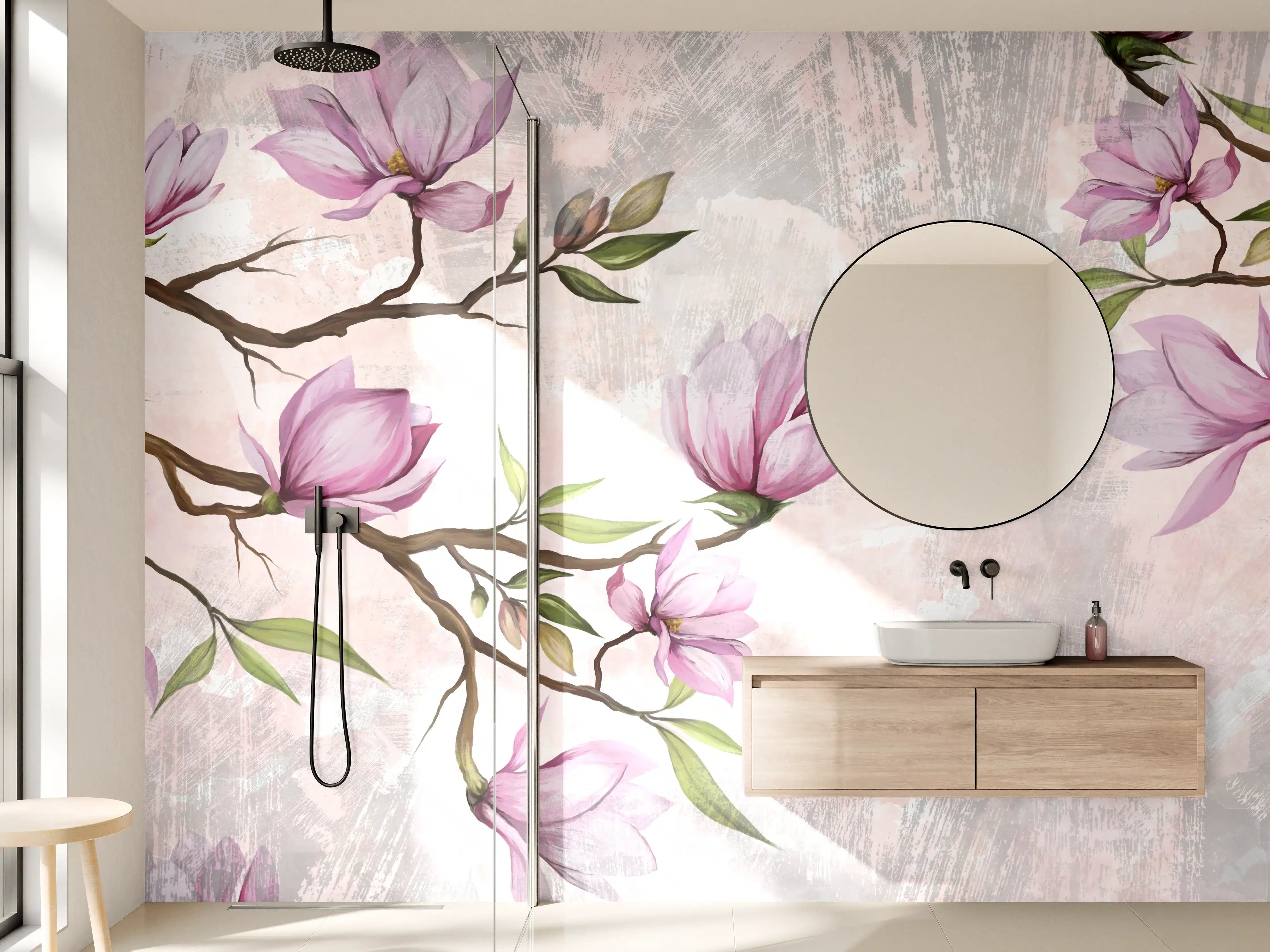 Wandverkleidung Bad - Zarte Magnolienblüten auf Pastell-Hintergrund