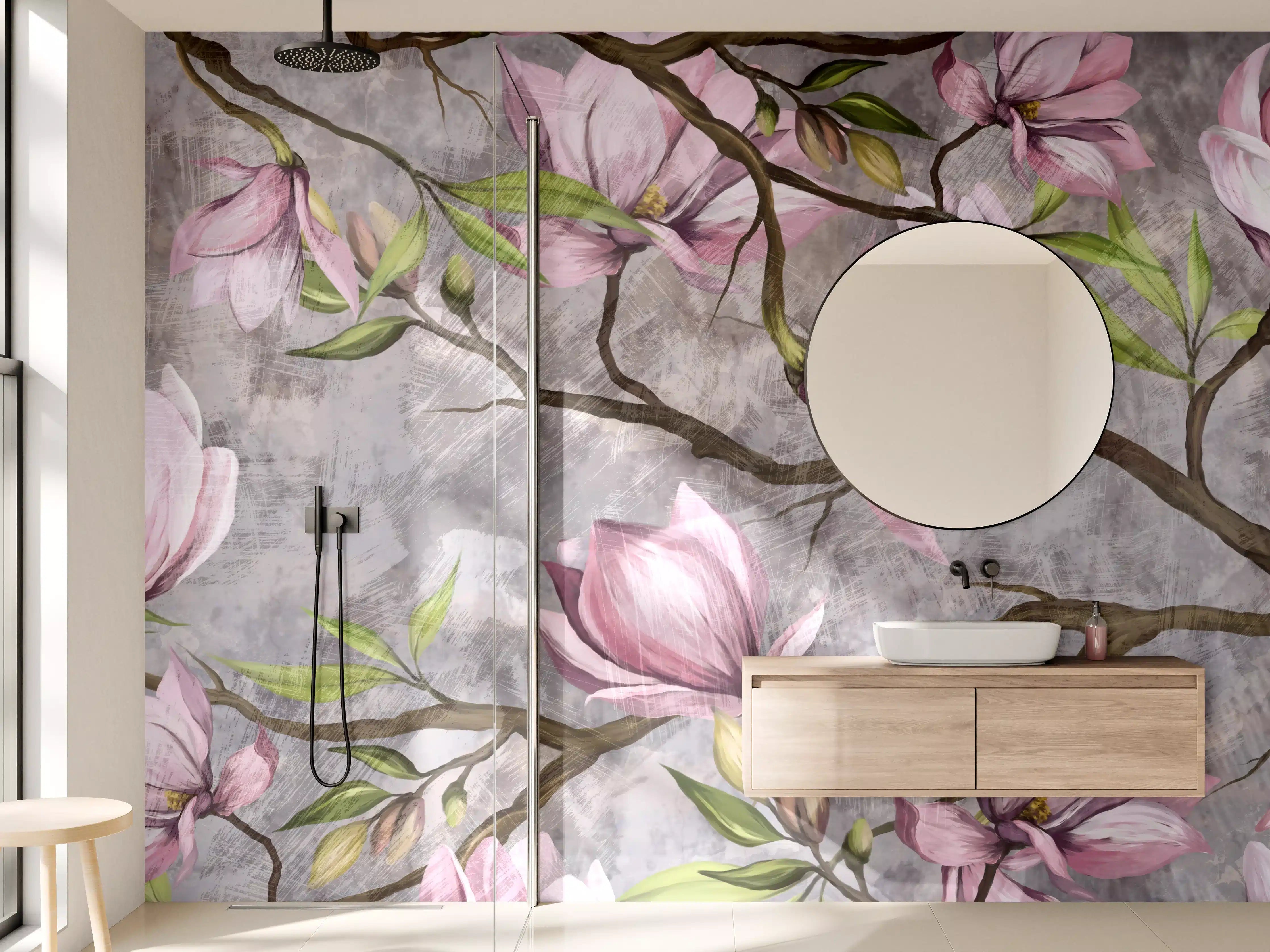 Wandverkleidung Bad - Zarte Magnolienblüten auf grauem Hintergrund