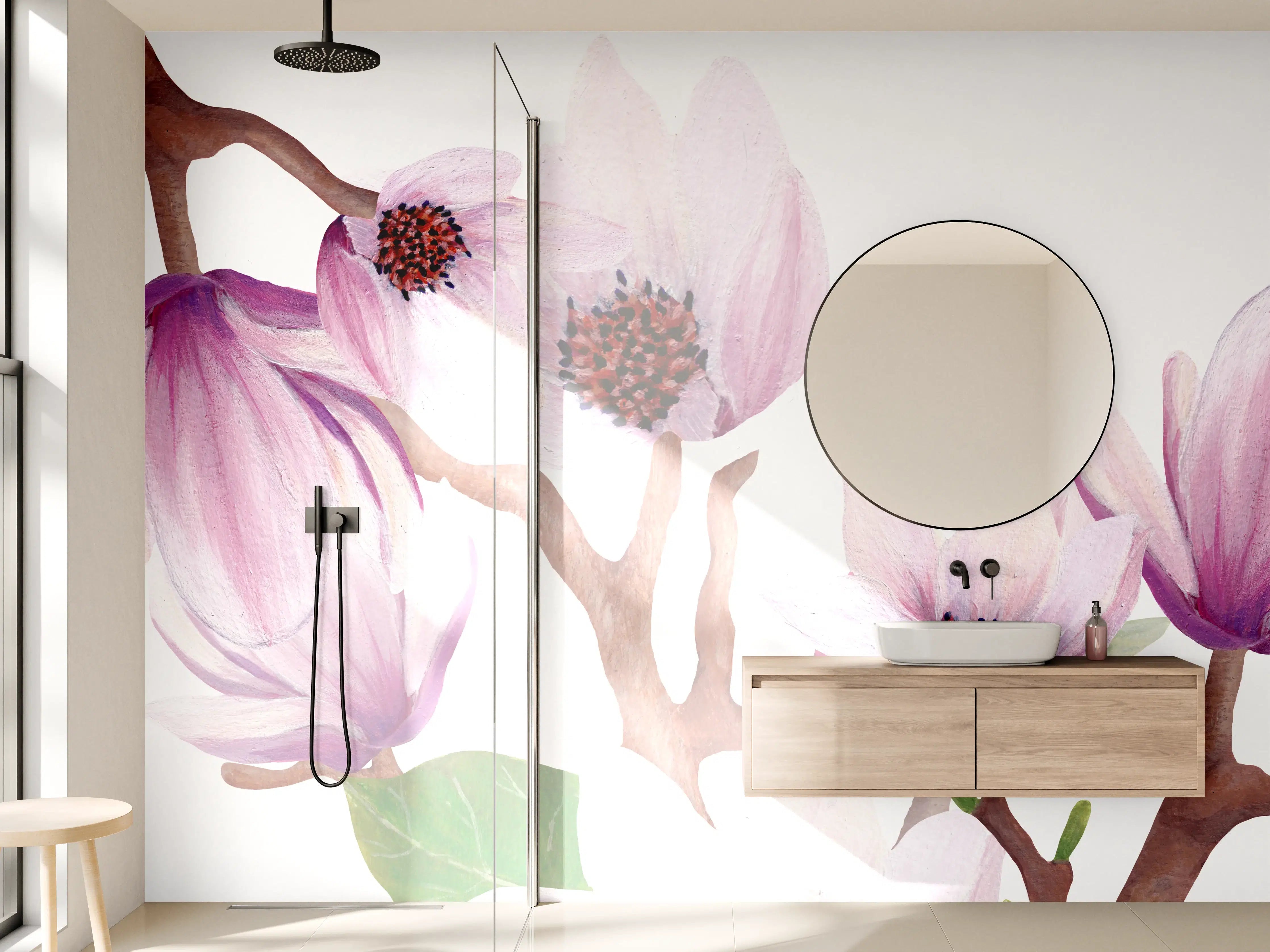 Wandverkleidung Bad - Zarte Magnolienblüten auf hellem Hintergrund