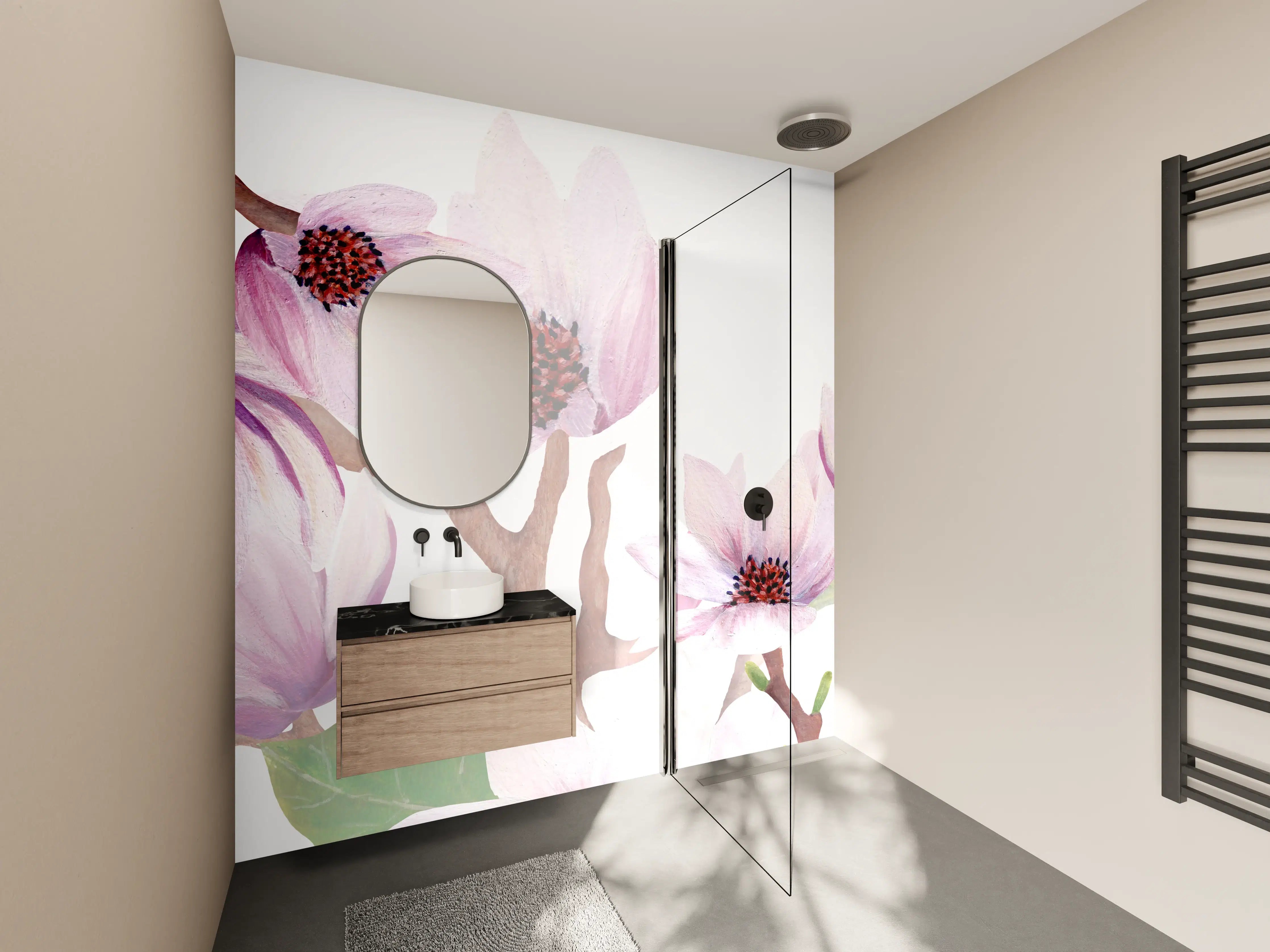 Wandverkleidung Bad - Zarte Magnolienblüten auf hellem Hintergrund
