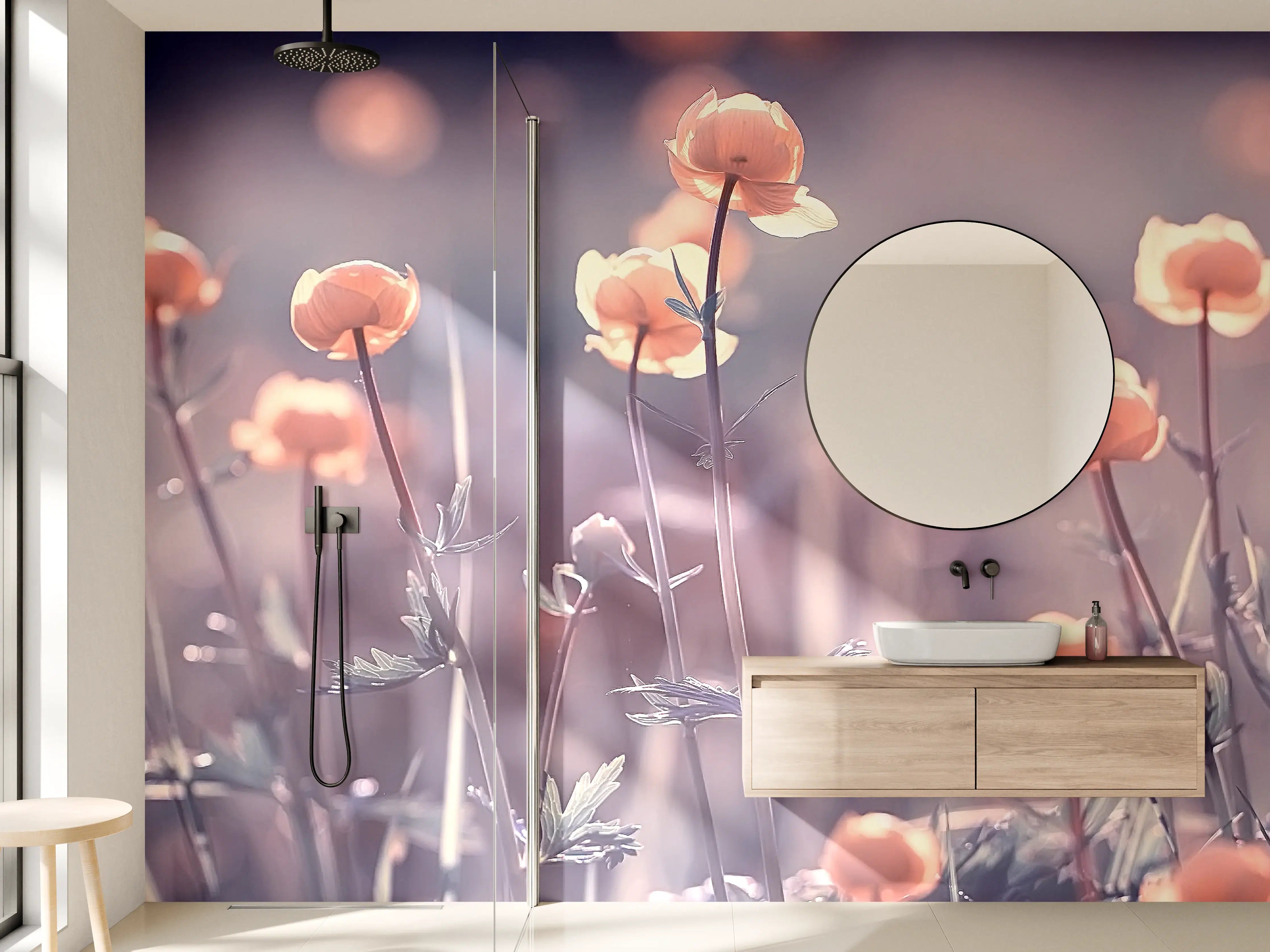 Wandverkleidung Bad - Zarte Pastellblumen in Grau-Tönen