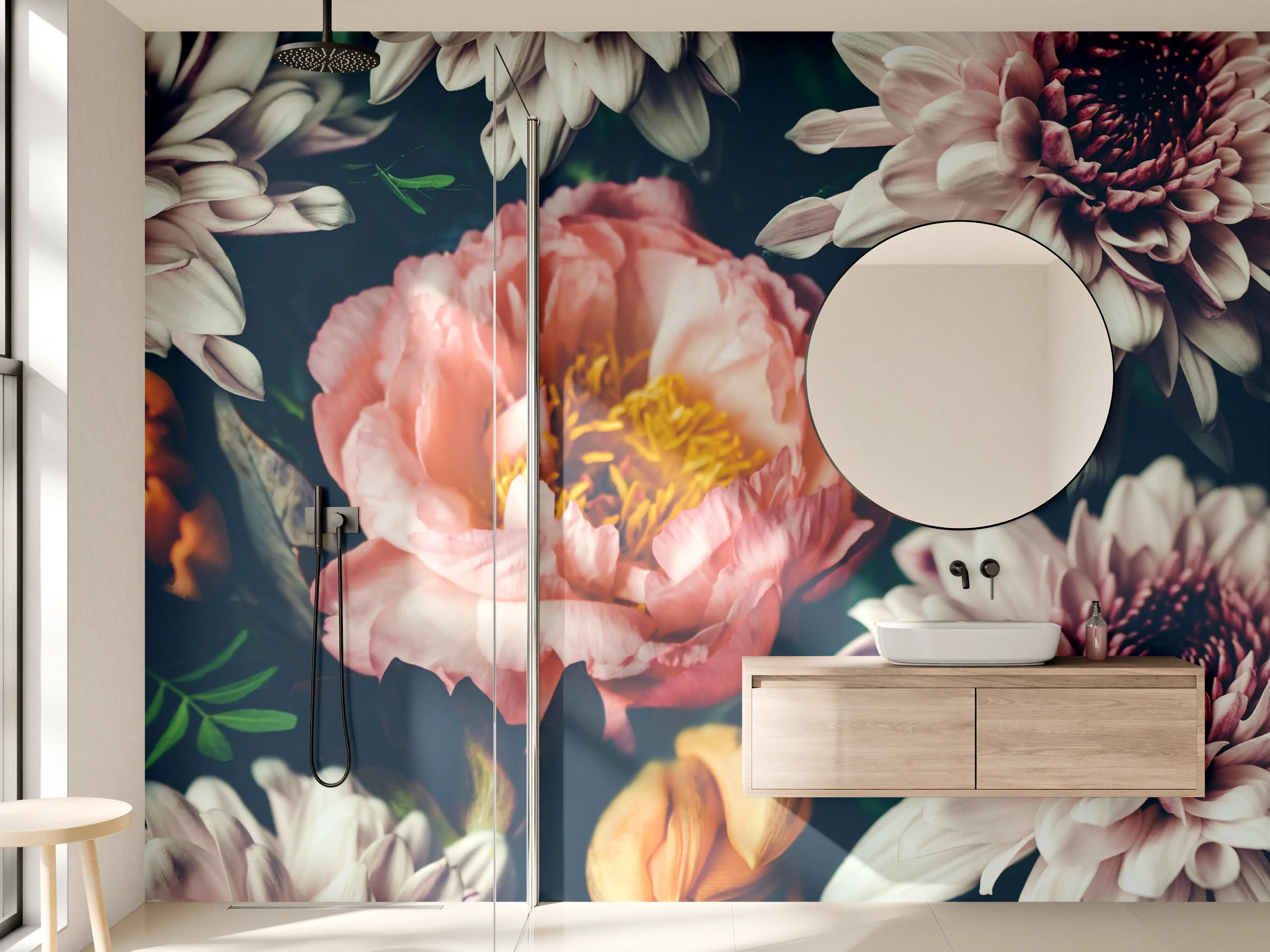Wandverkleidung Bad - Zarte Pfingstrosen und Chrysanthemen