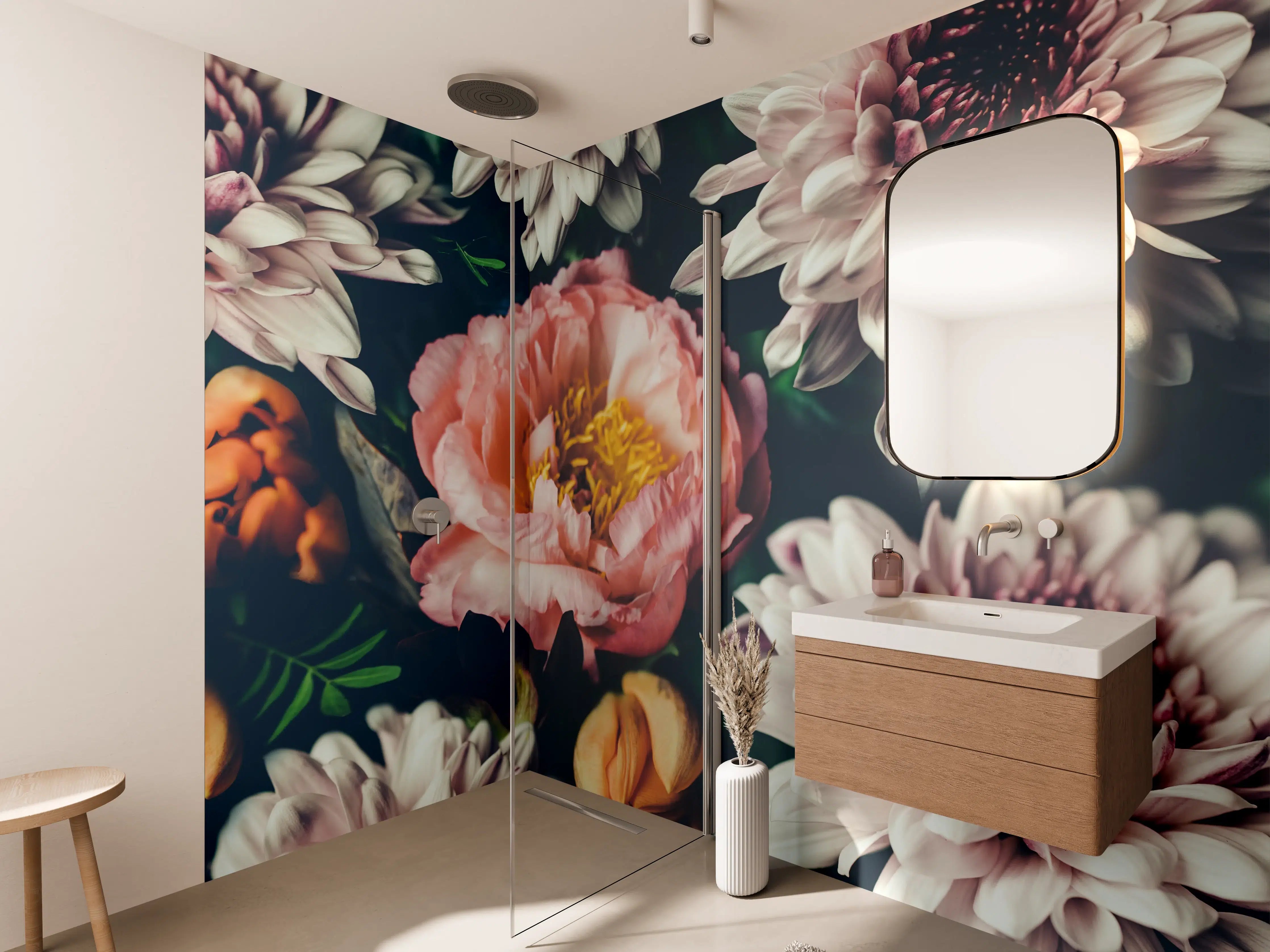 Wandverkleidung Bad - Zarte Pfingstrosen und Chrysanthemen