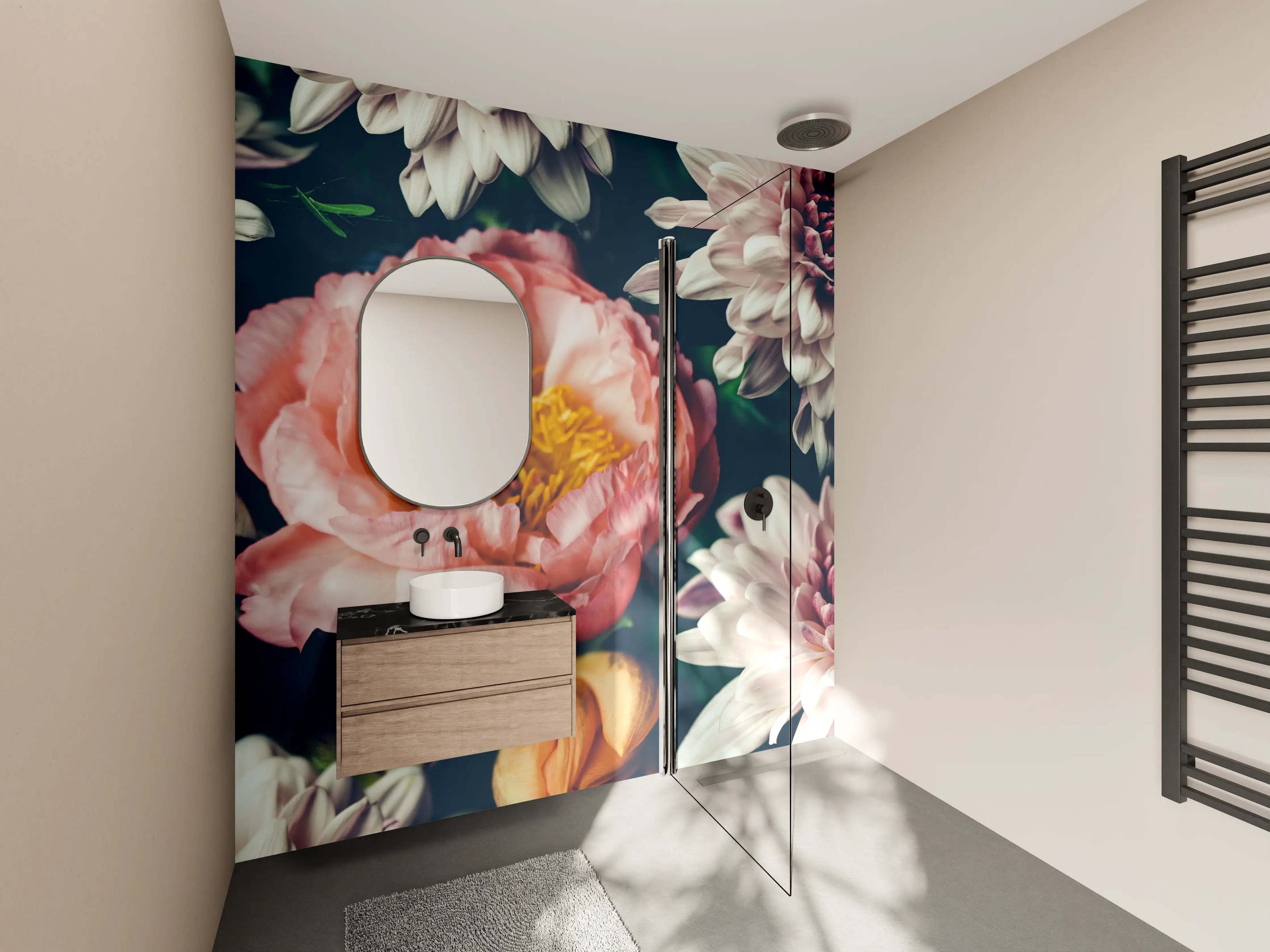 Wandverkleidung Bad - Zarte Pfingstrosen und Chrysanthemen