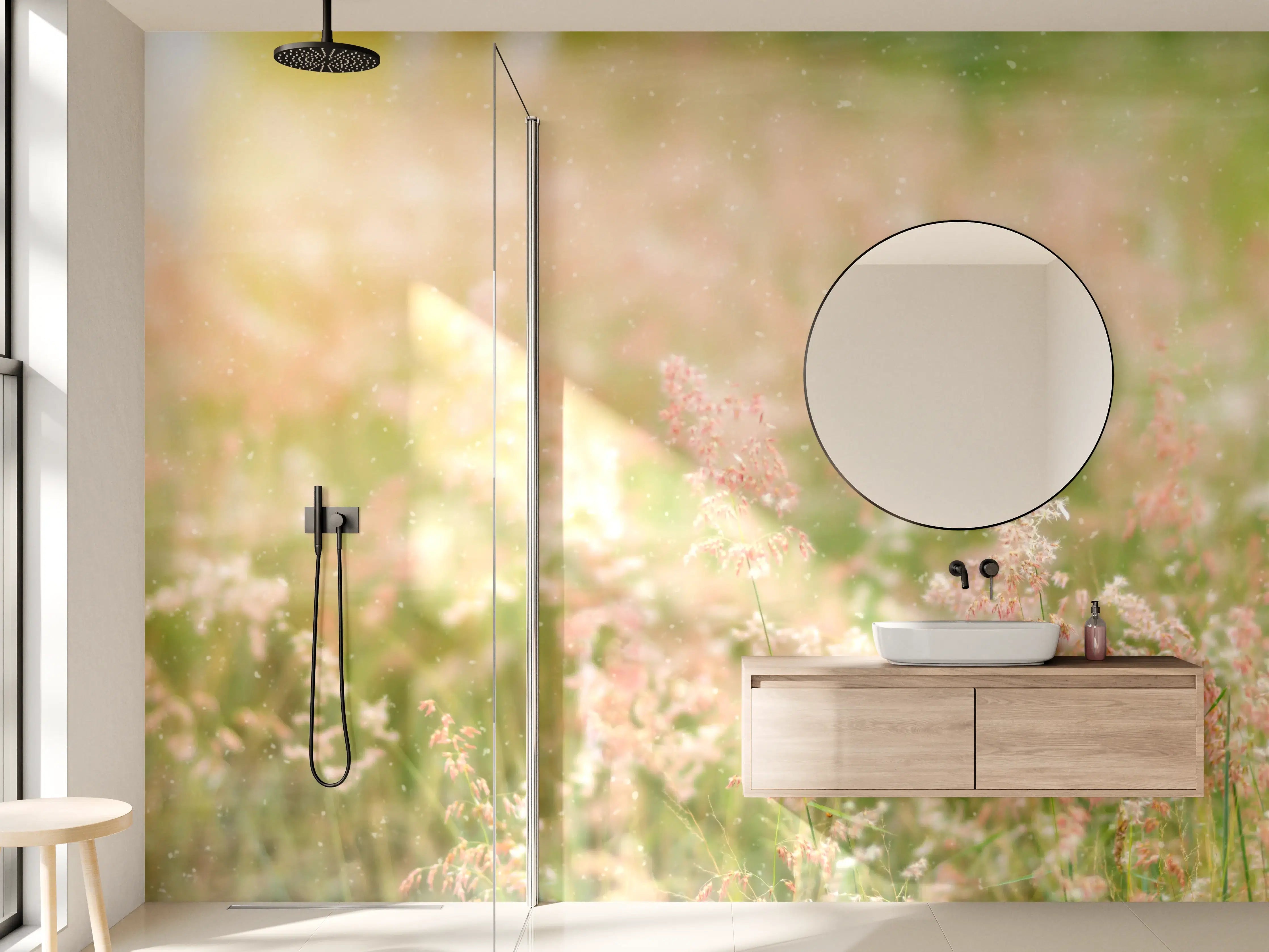 Wandverkleidung Bad - Zarte Pinkblumen mit sanfter Unschärfe