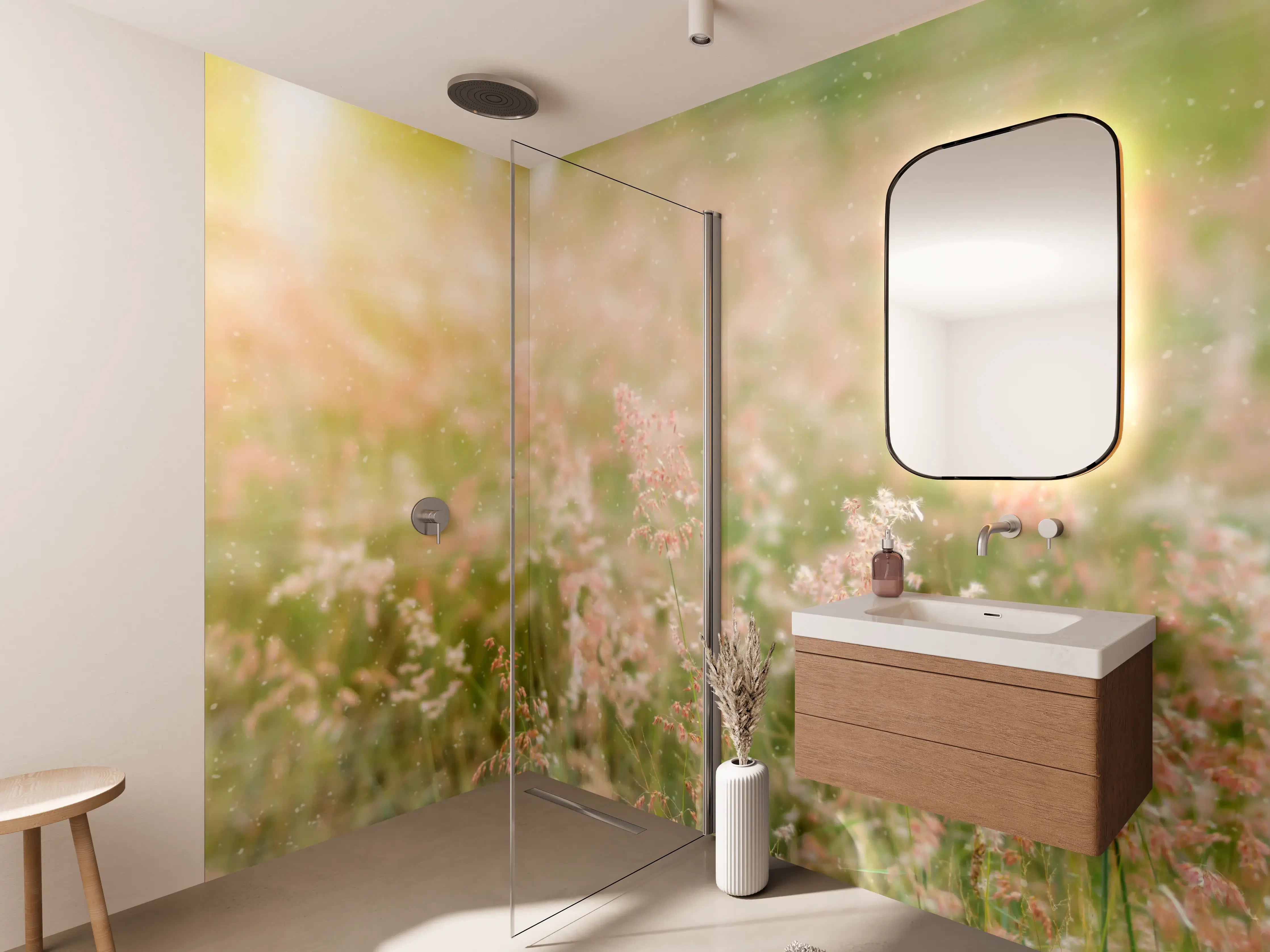 Wandverkleidung Bad - Zarte Pinkblumen mit sanfter Unschärfe