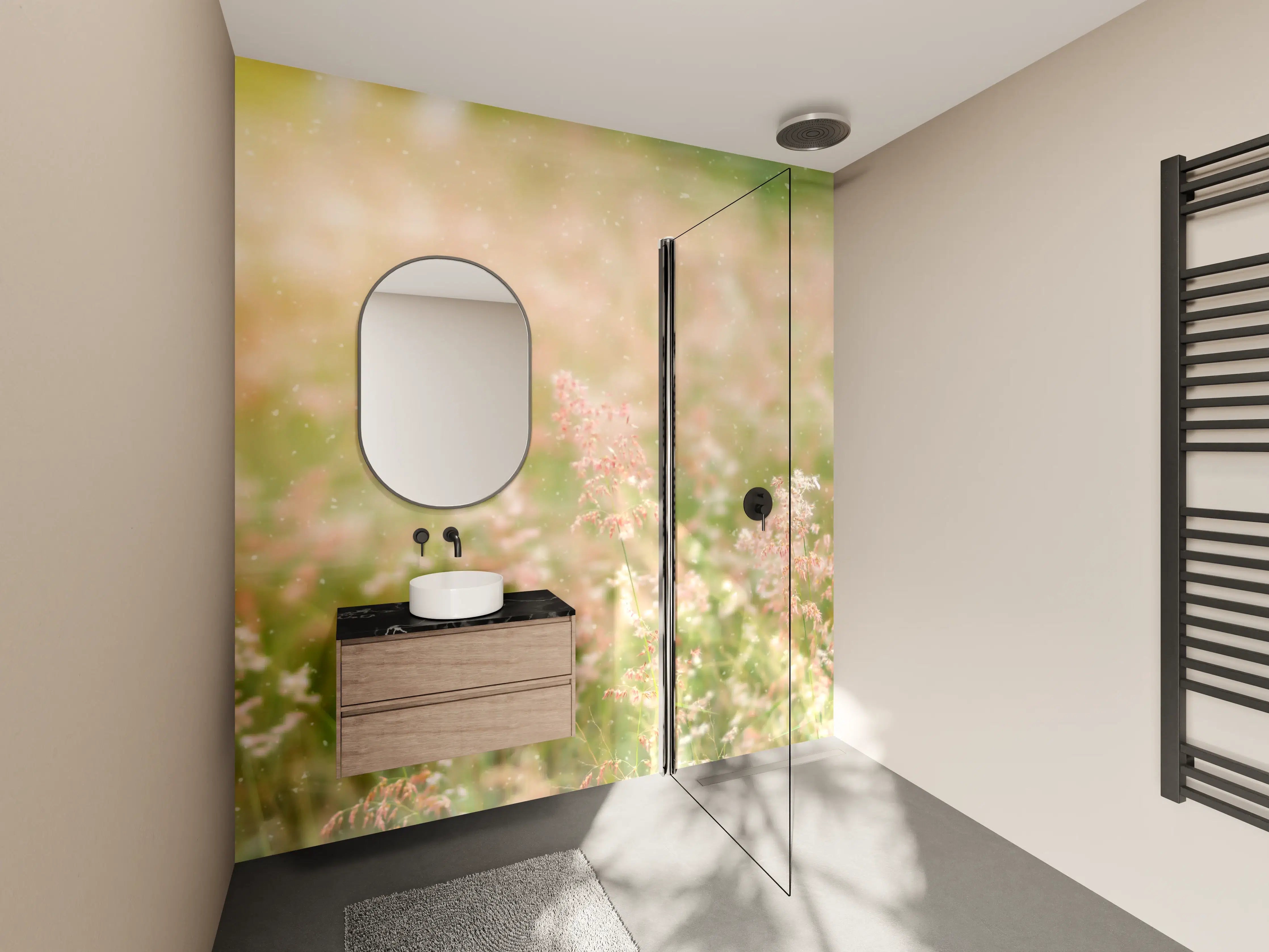 Wandverkleidung Bad - Zarte Pinkblumen mit sanfter Unschärfe