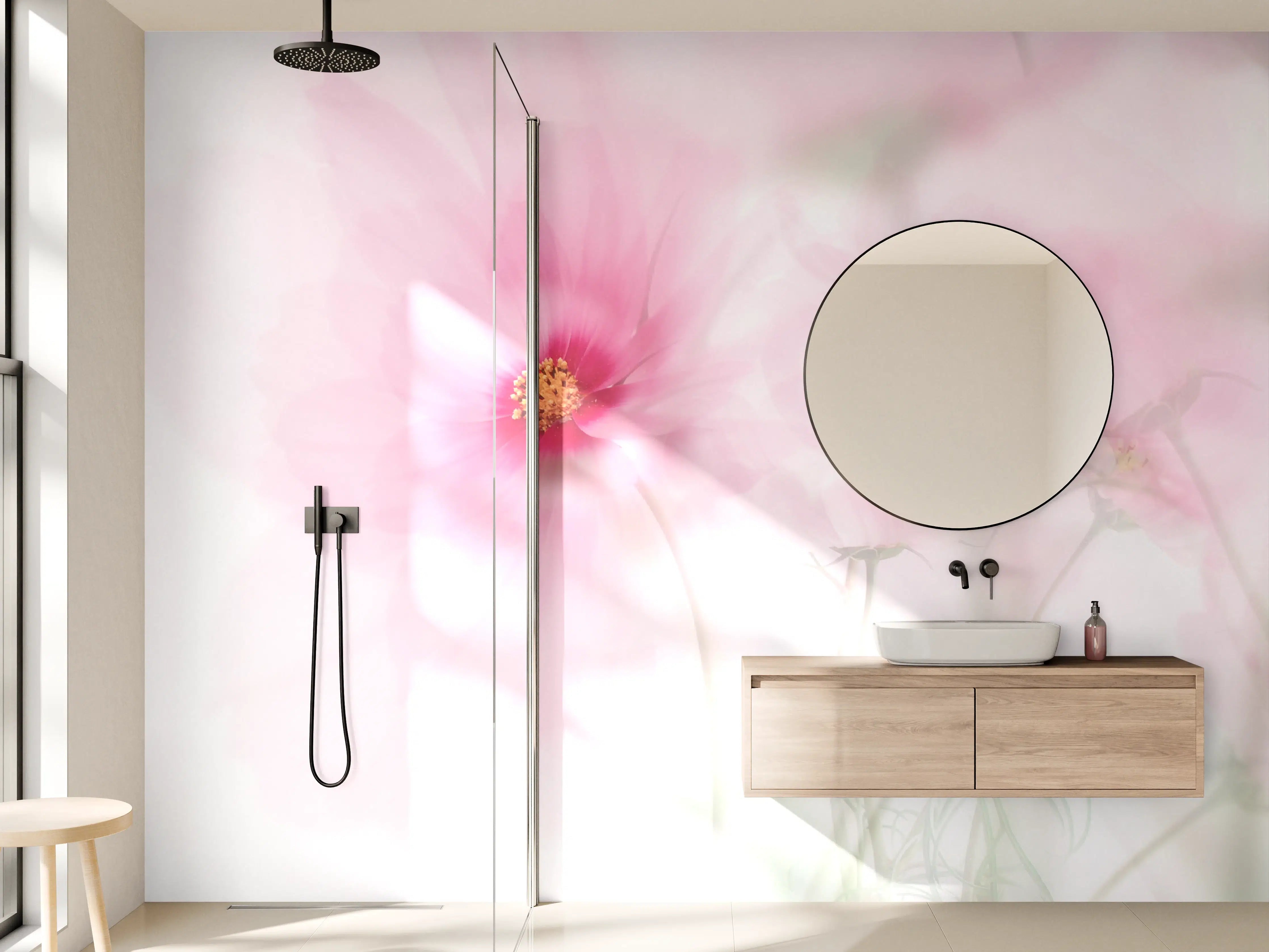 Wandverkleidung Bad - Zarte Rosa Blüten mit Grau-Tönen