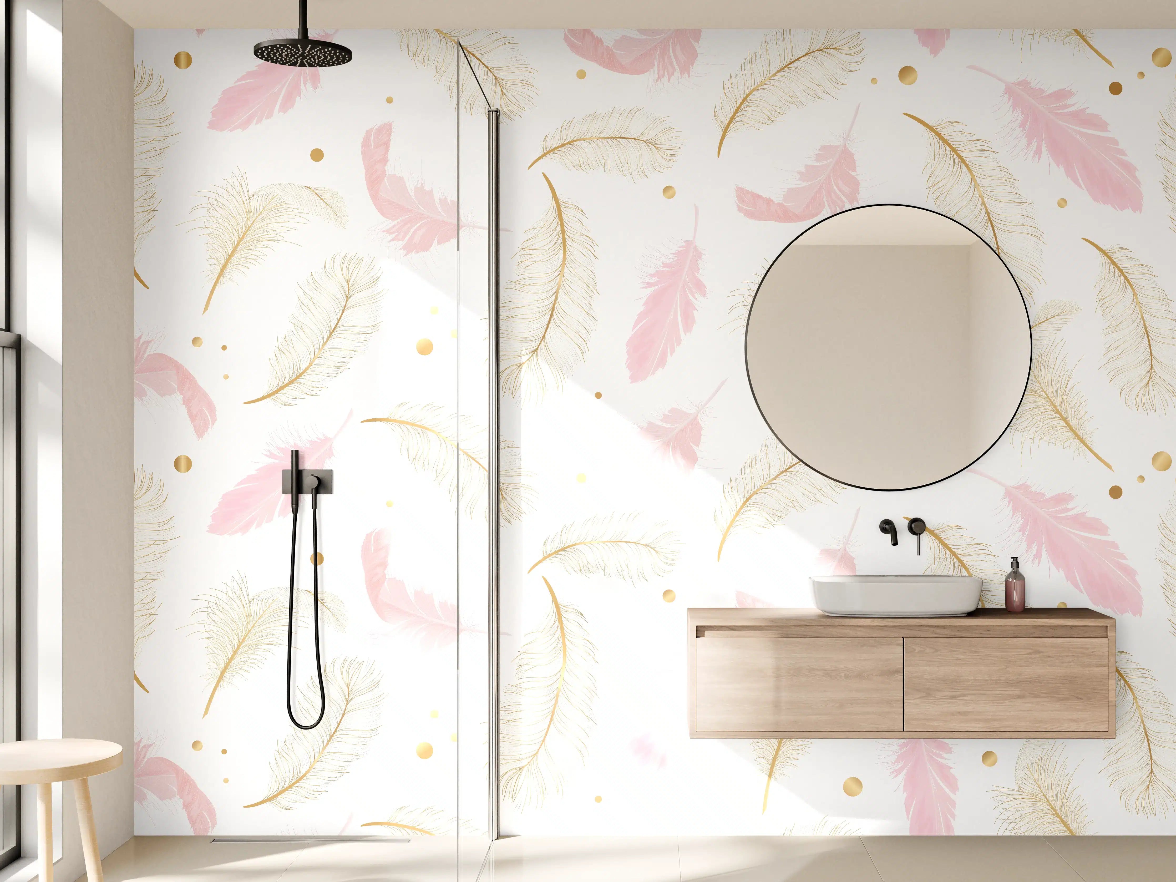 Wandverkleidung Bad - Zarte Rosa-Gold Feder-Muster
