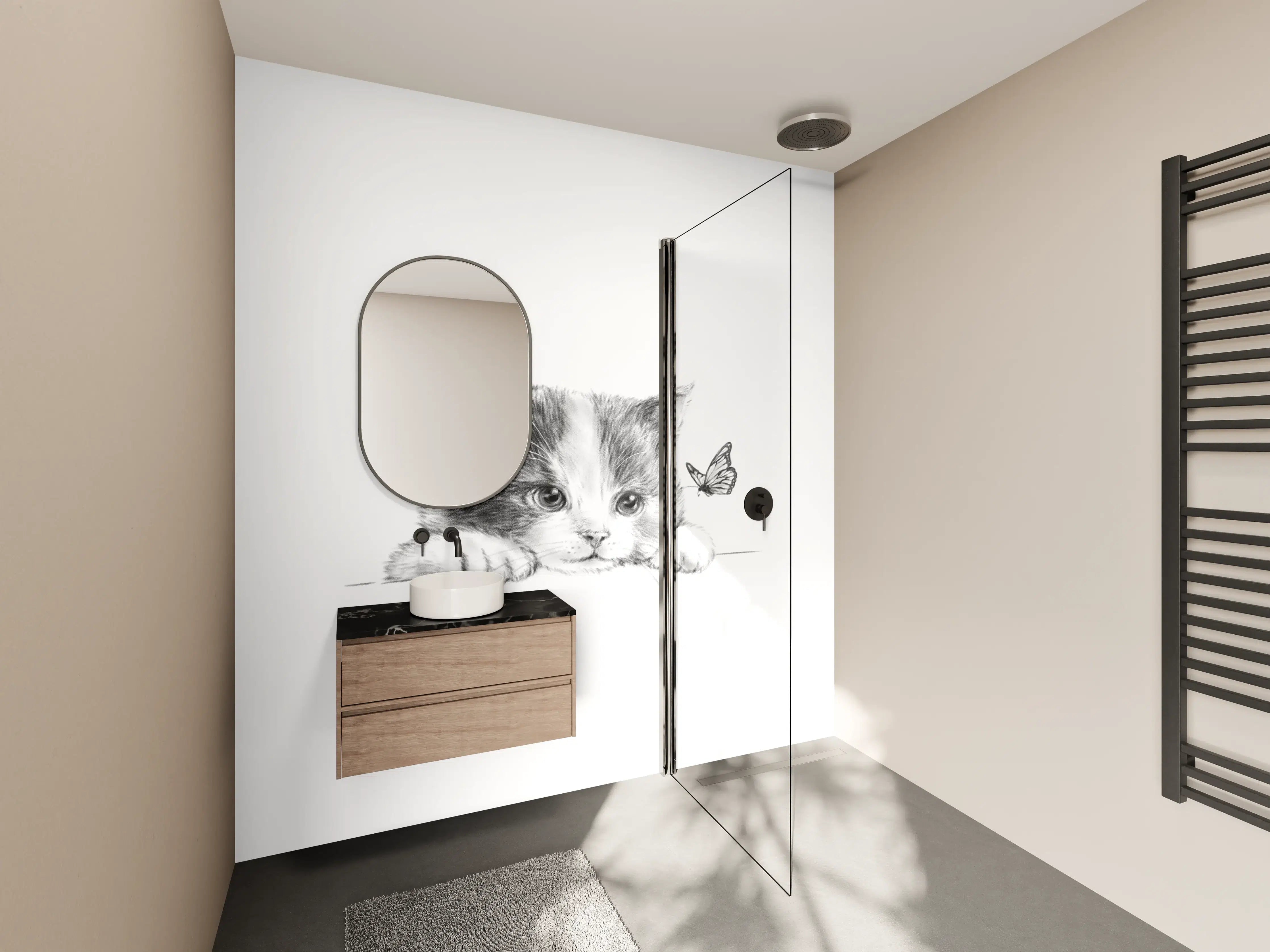 Wandverkleidung Bad - Zartes Grau-Kätzchen mit Schmetterling