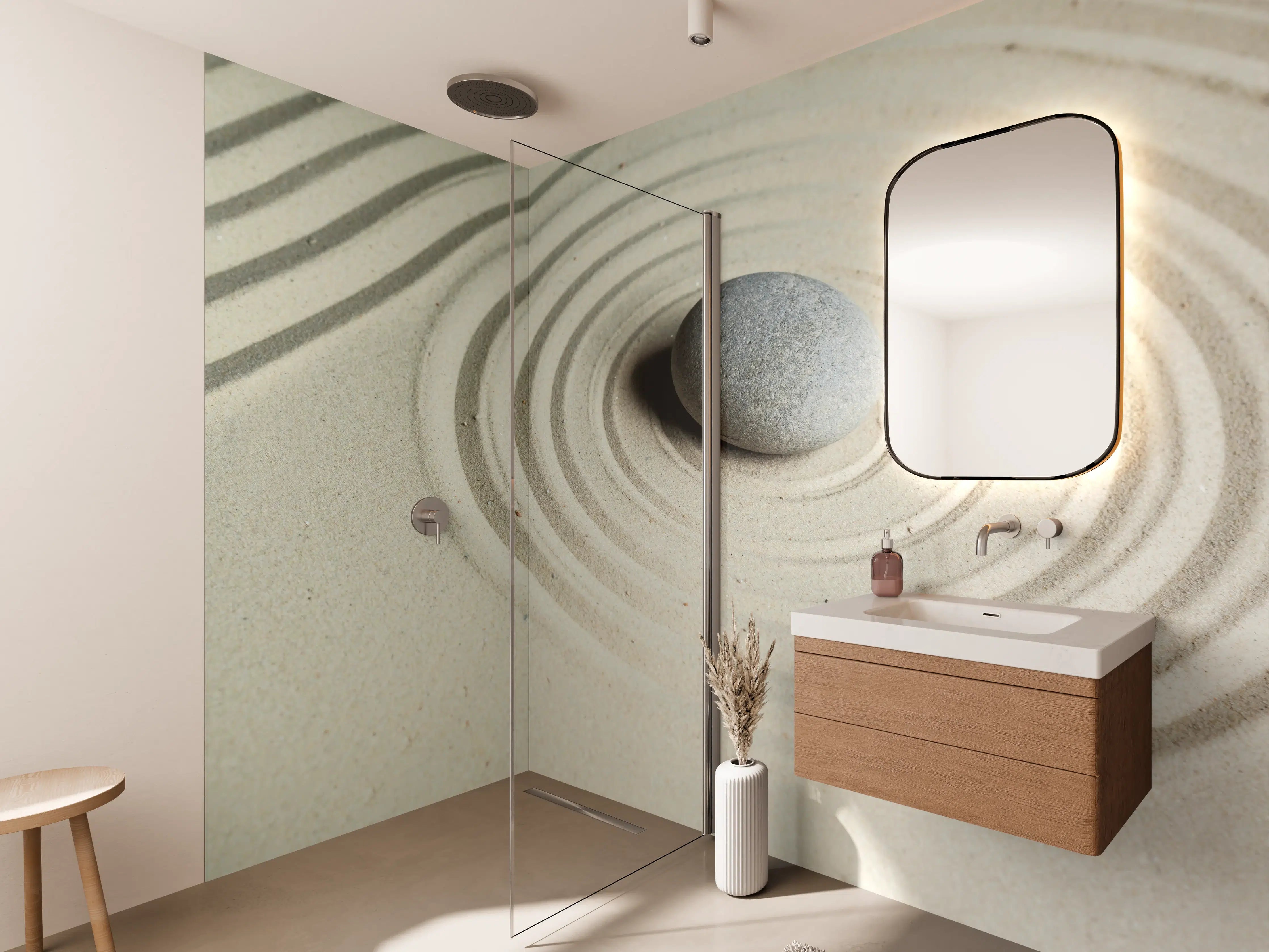 Wandverkleidung Bad - Zen-Garten mit Sandmustern und Stein