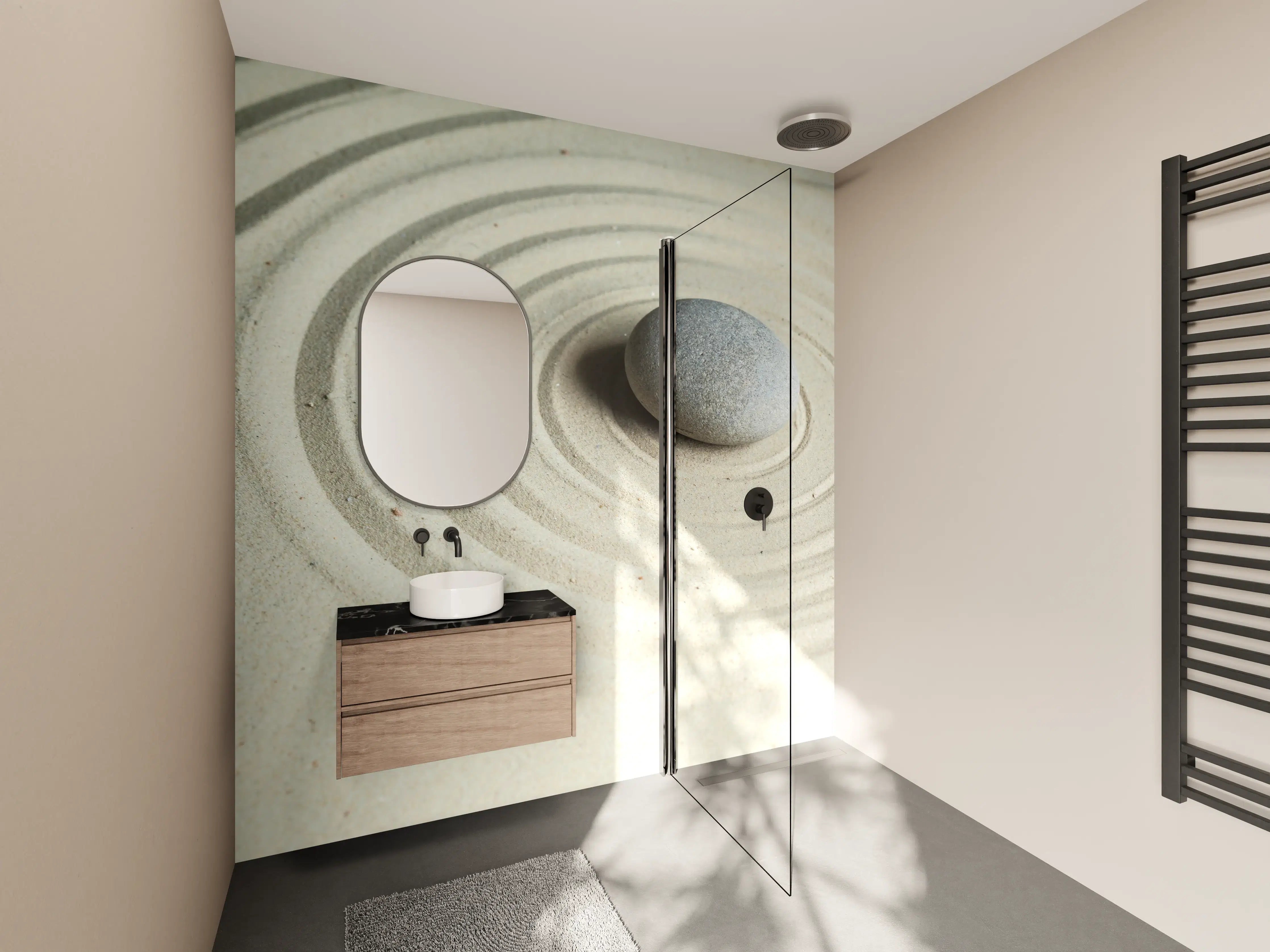 Wandverkleidung Bad - Zen-Garten mit Sandmustern und Stein