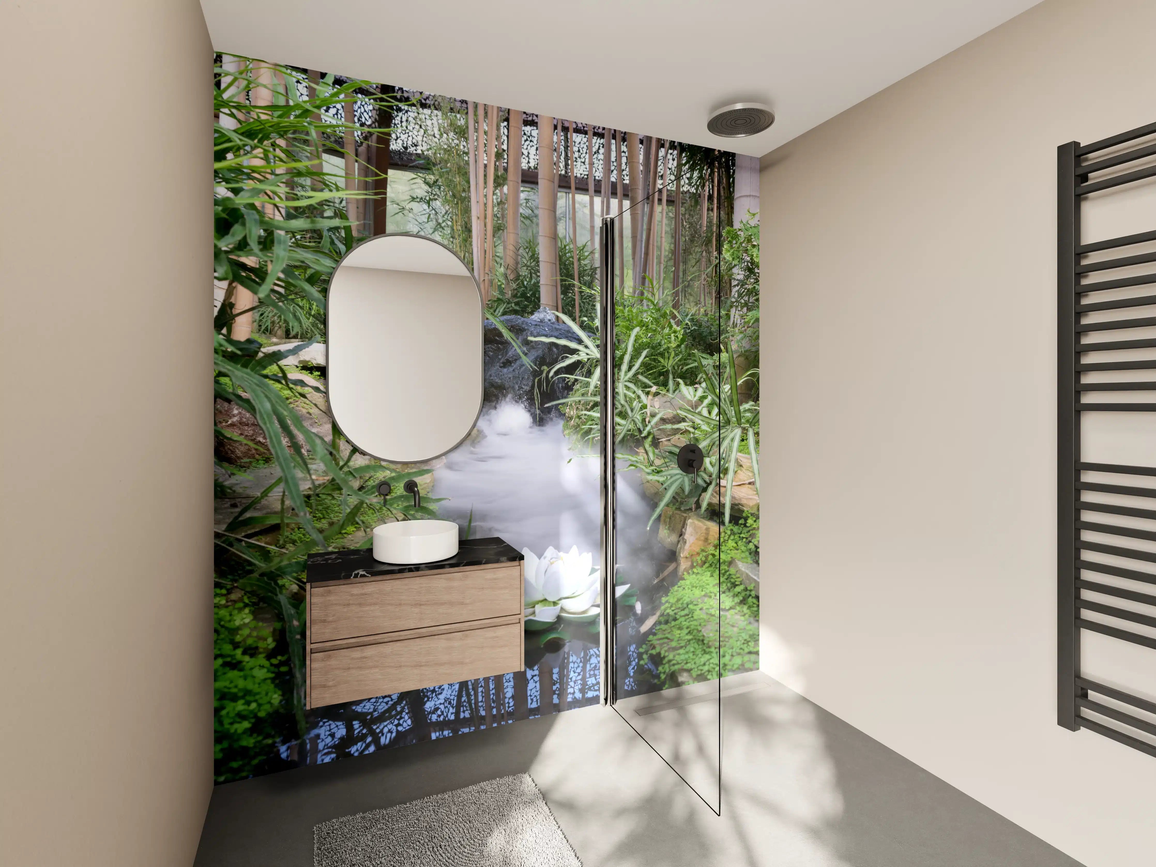 Wandverkleidung Bad - Zen-Garten mit weißer Seerose