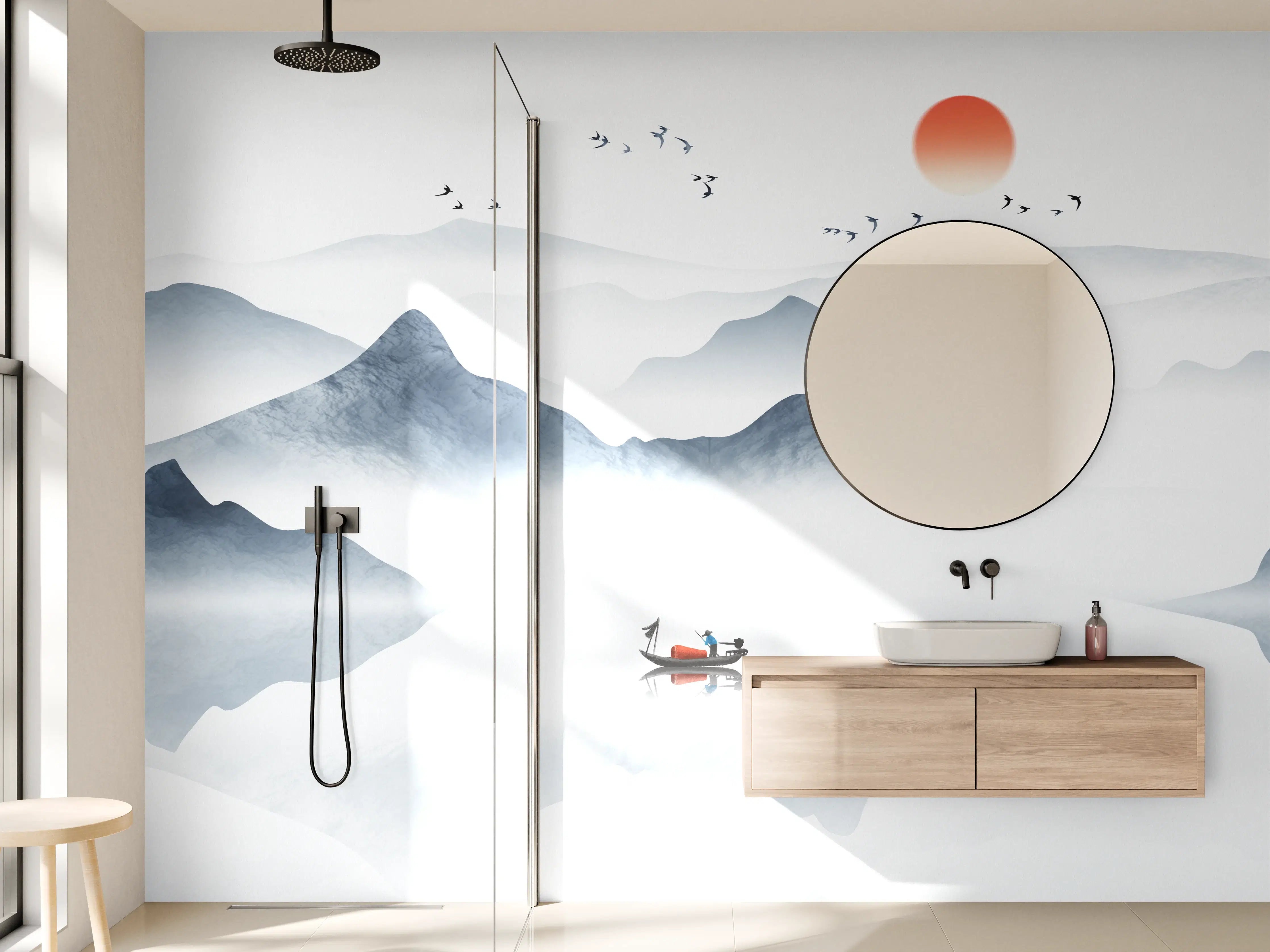 Wandverkleidung Bad - Zen-Inspiration mit Bergsee und Sonnenuntergang