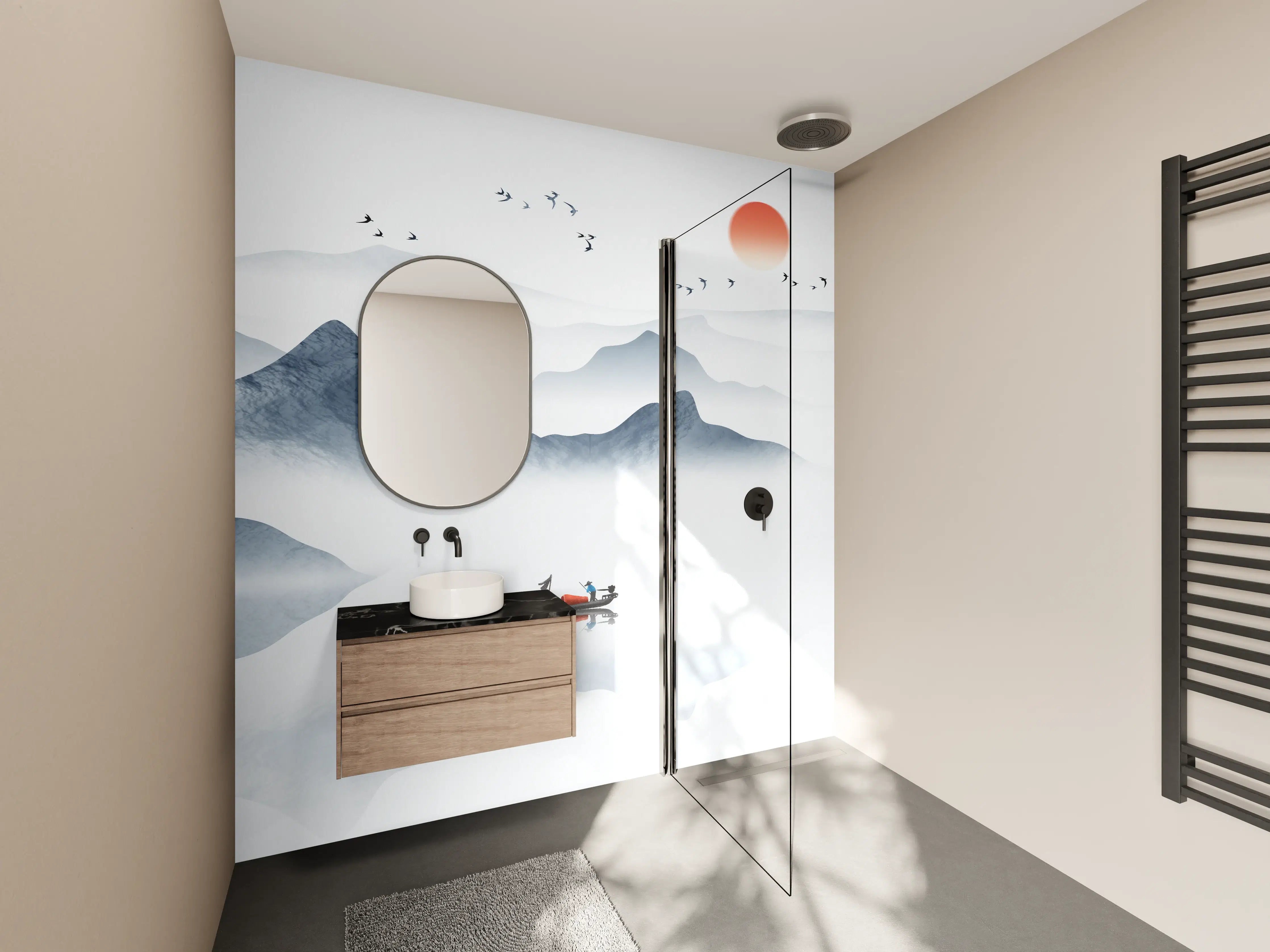 Wandverkleidung Bad - Zen-Inspiration mit Bergsee und Sonnenuntergang