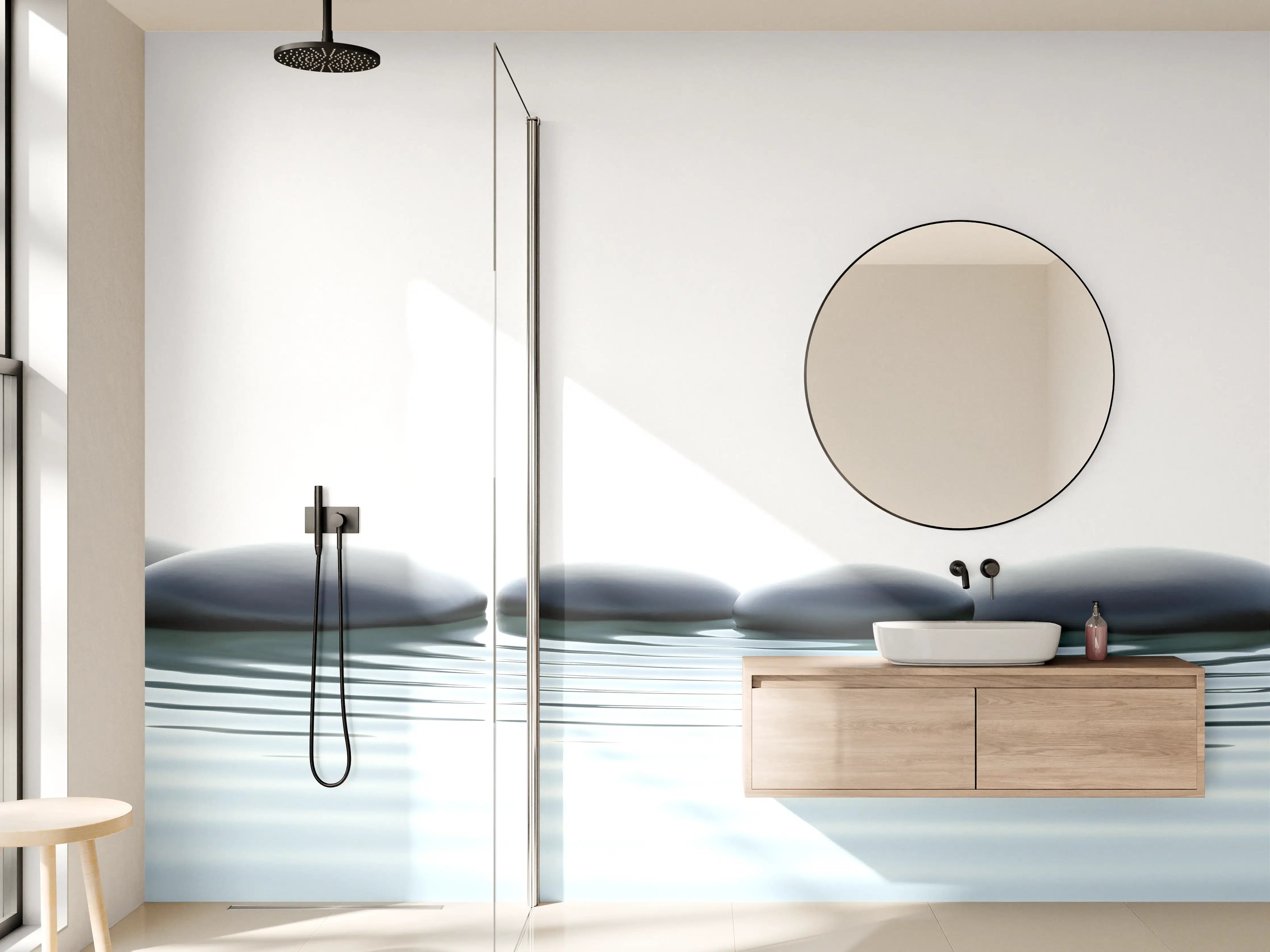 Wandverkleidung Bad - Zen-Steine im Wasser mit Wellen