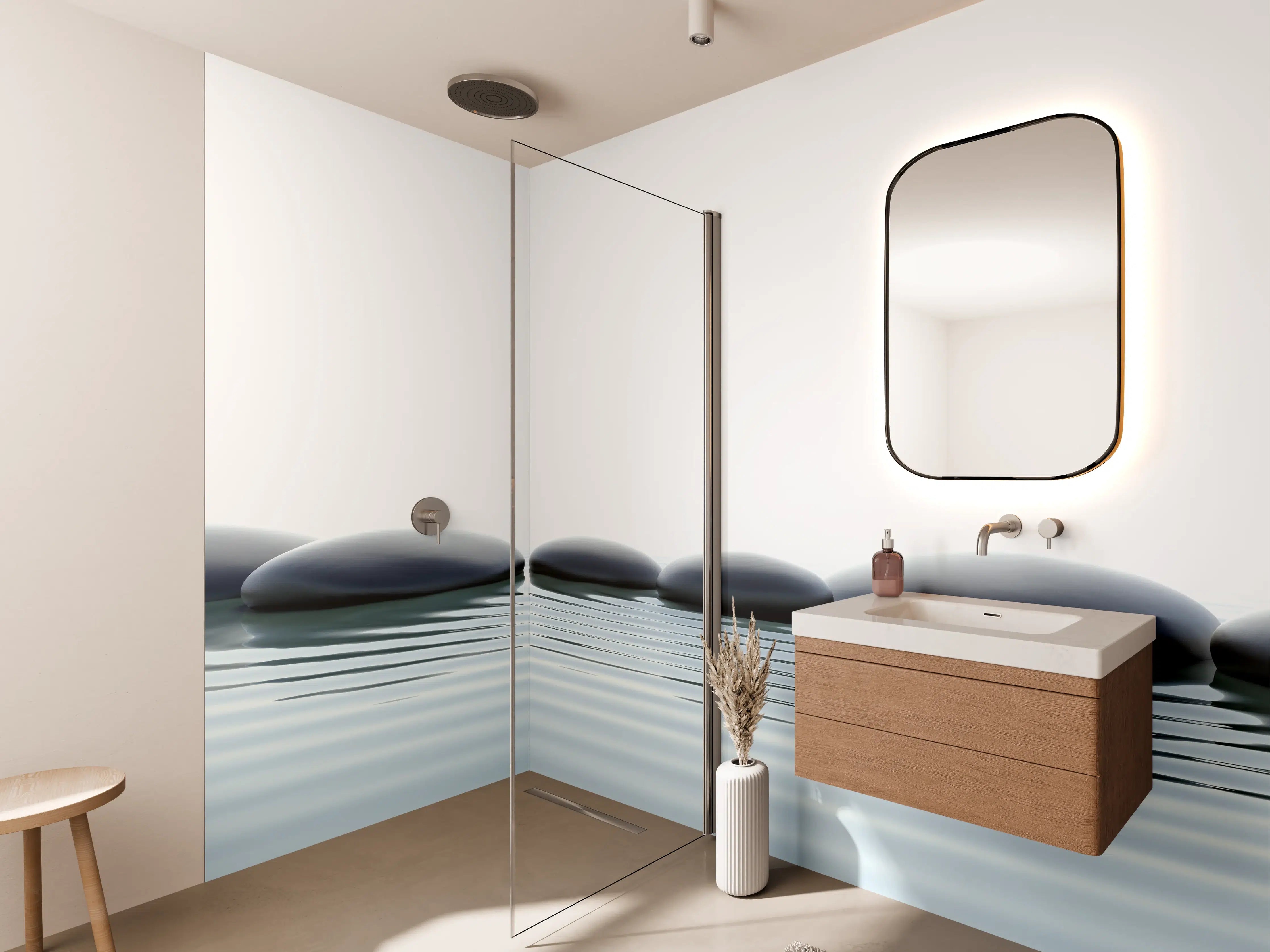 Wandverkleidung Bad - Zen-Steine im Wasser mit Wellen