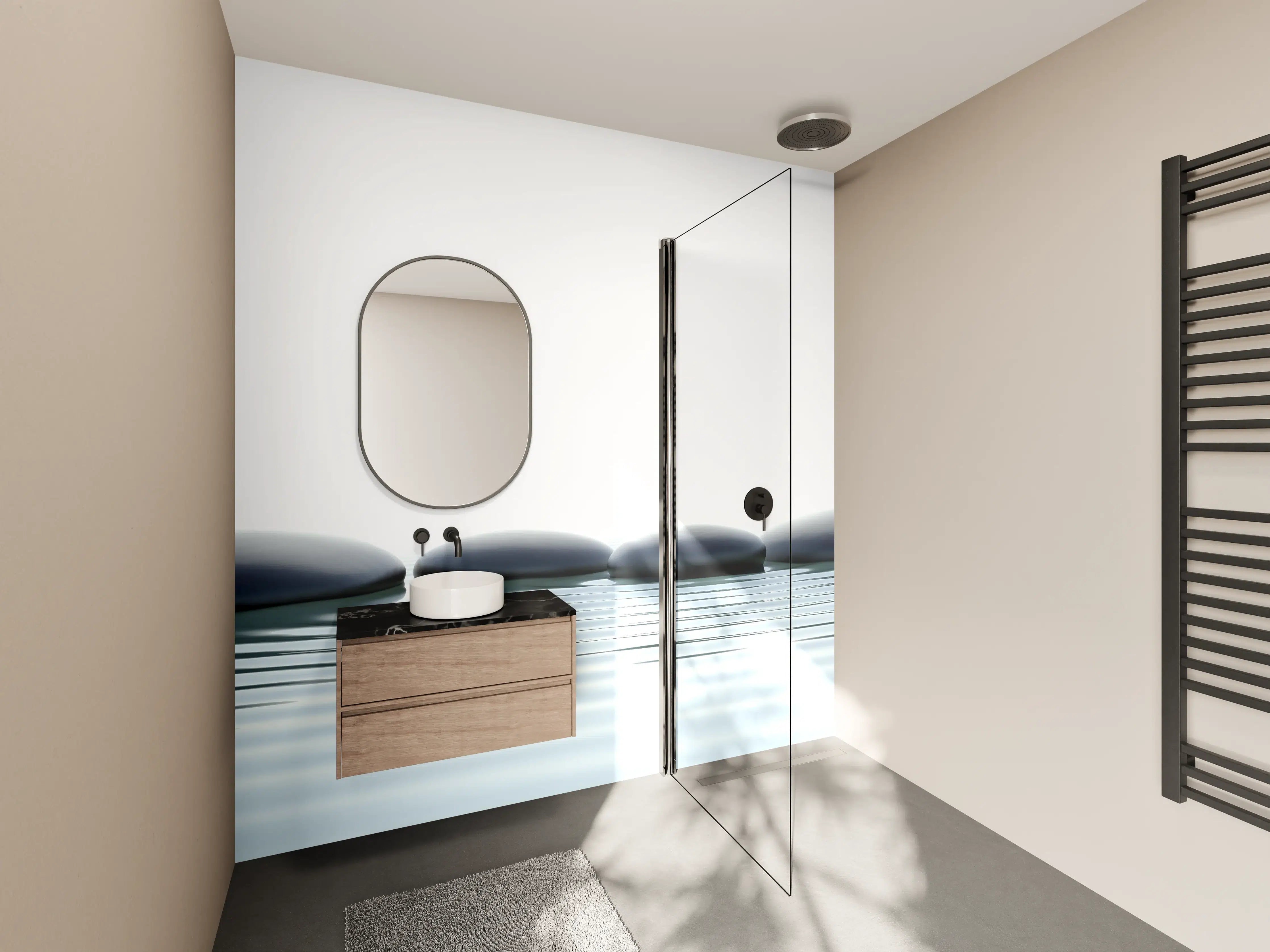 Wandverkleidung Bad - Zen-Steine im Wasser mit Wellen