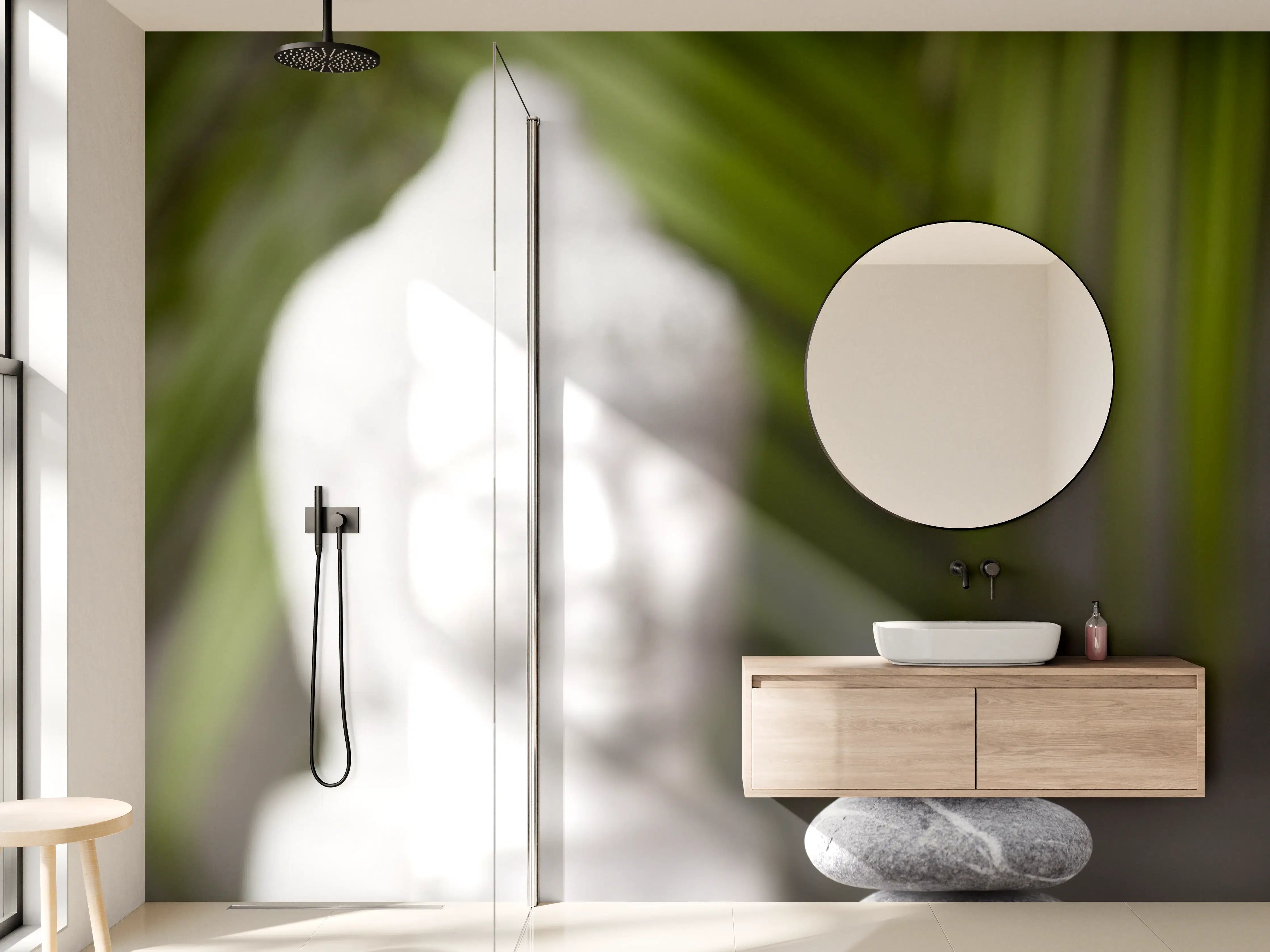 Wandverkleidung Bad - Zen-Steine und Buddha-Statue im ruhigen Garten