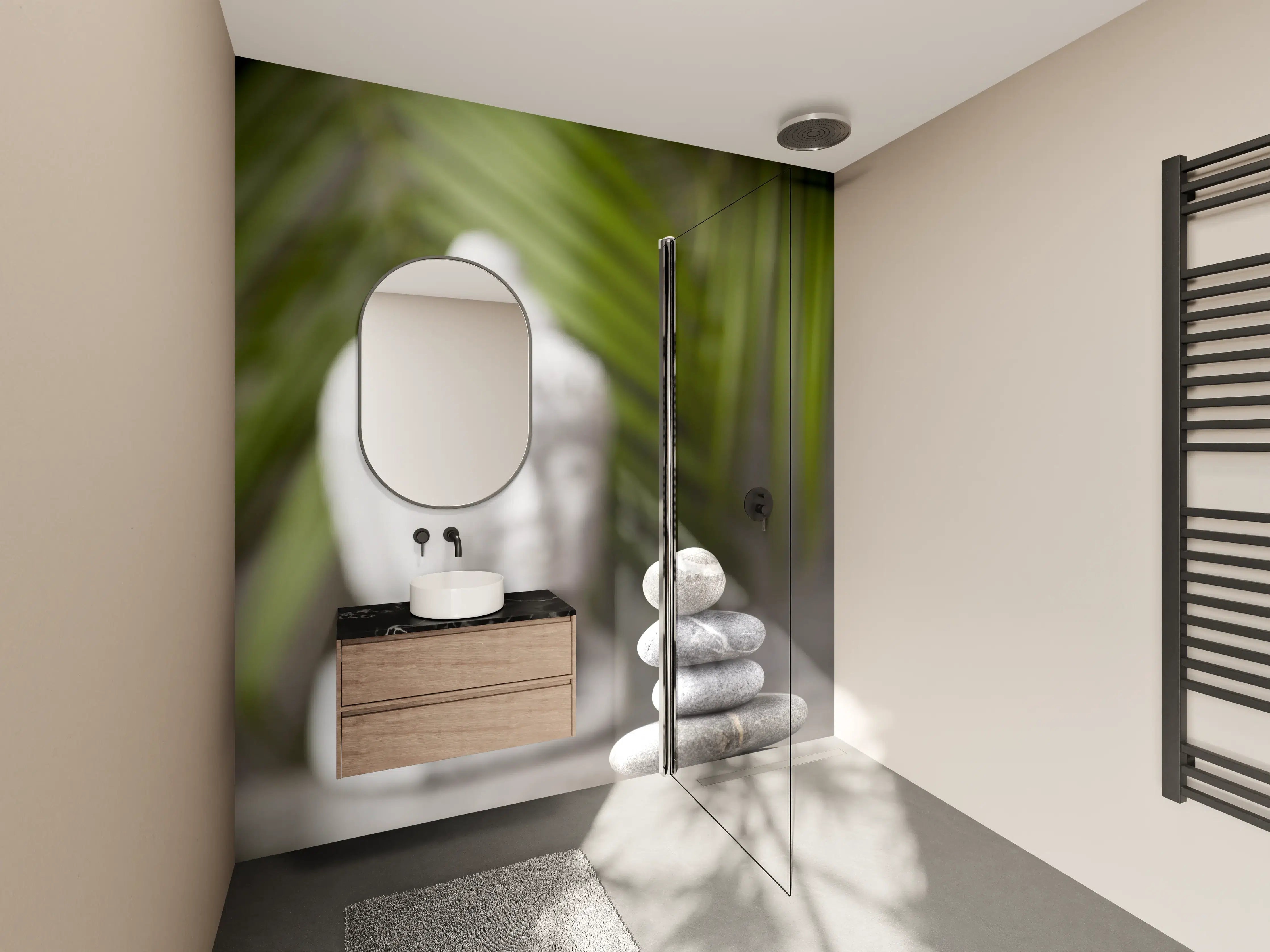 Wandverkleidung Bad - Zen-Steine und Buddha-Statue im ruhigen Garten