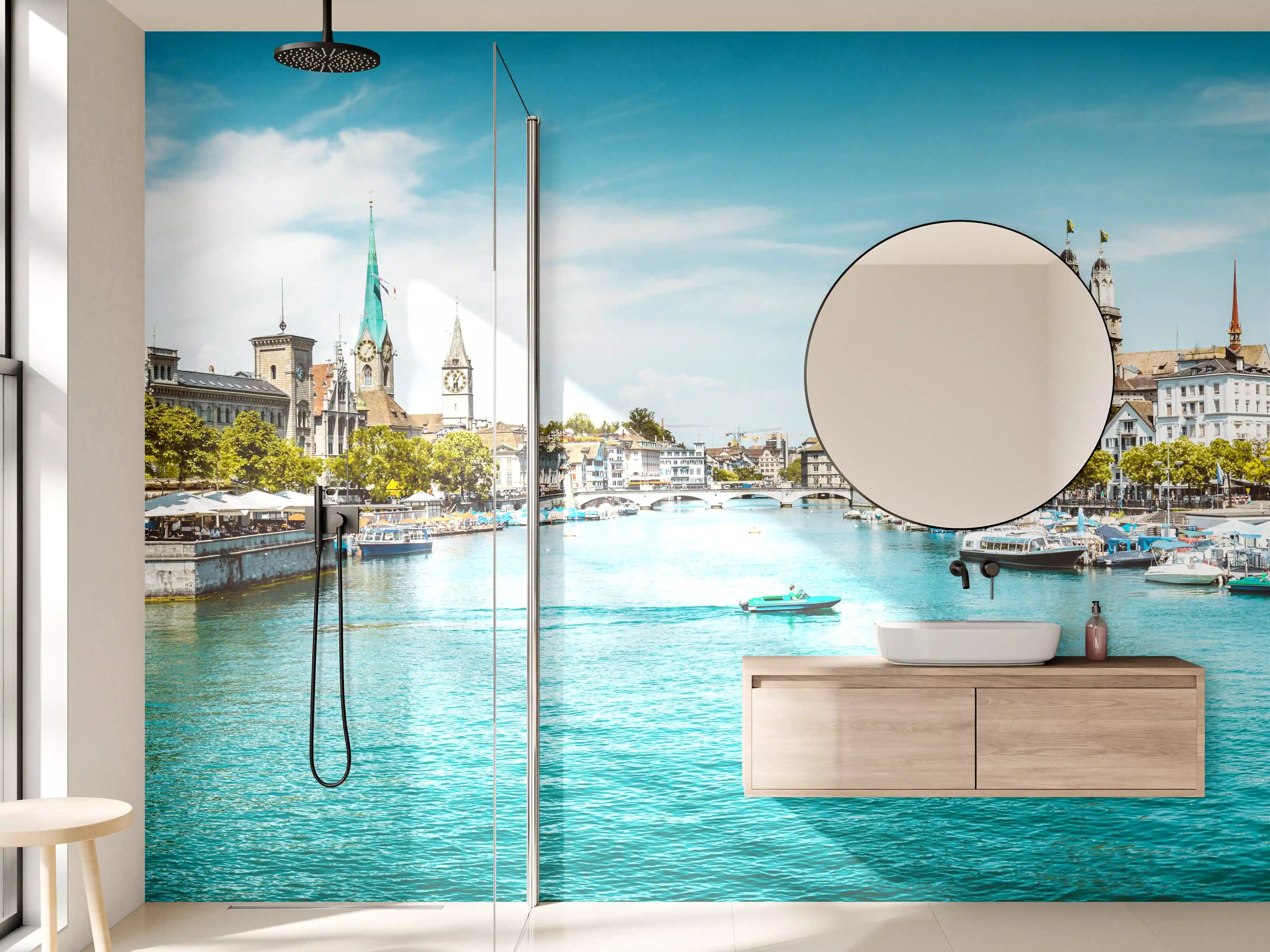 Wandverkleidung Bad - Zürich Skyline Panorama mit Fluss Limmat