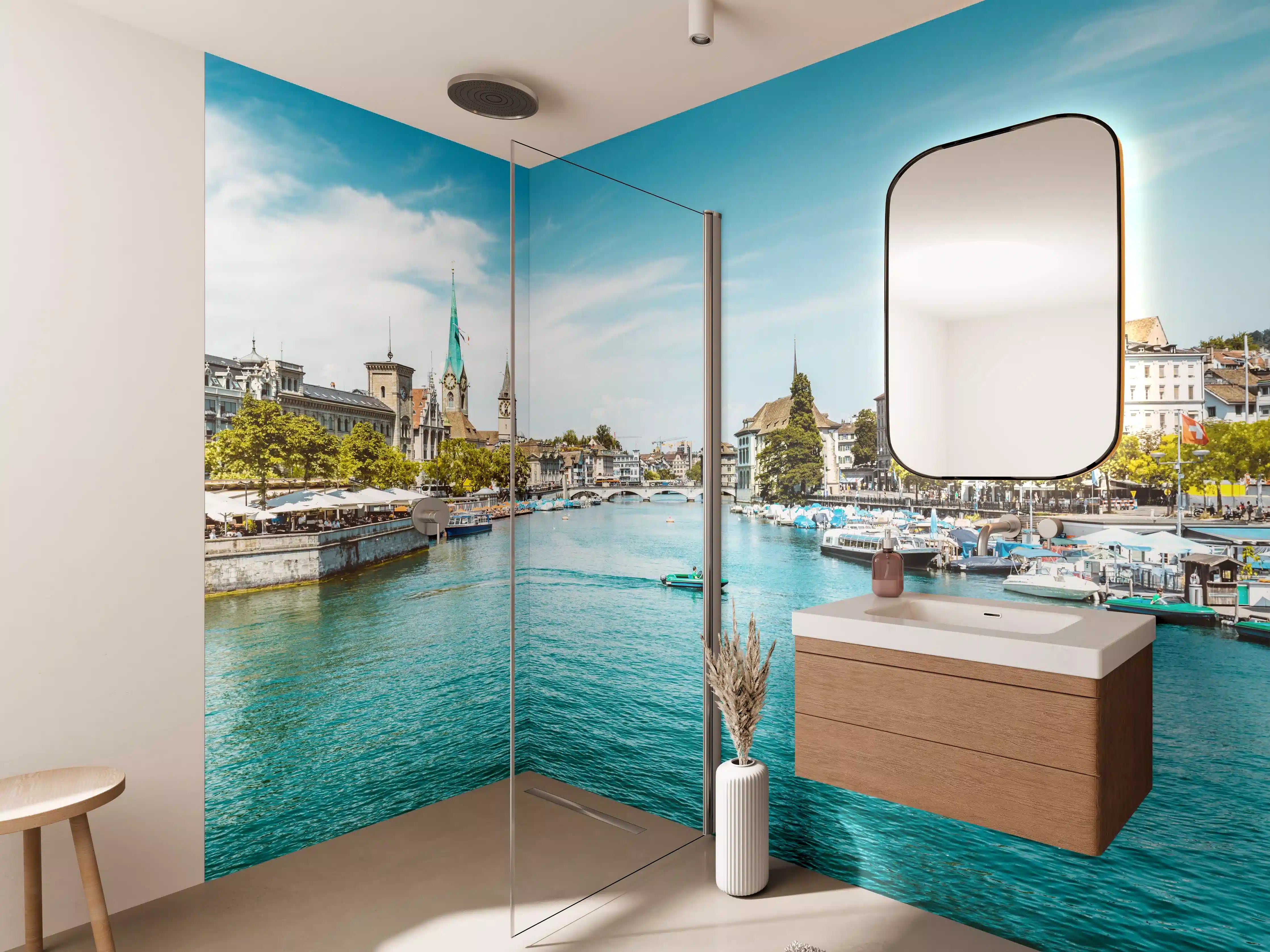 Wandverkleidung Bad - Zürich Skyline Panorama mit Fluss Limmat