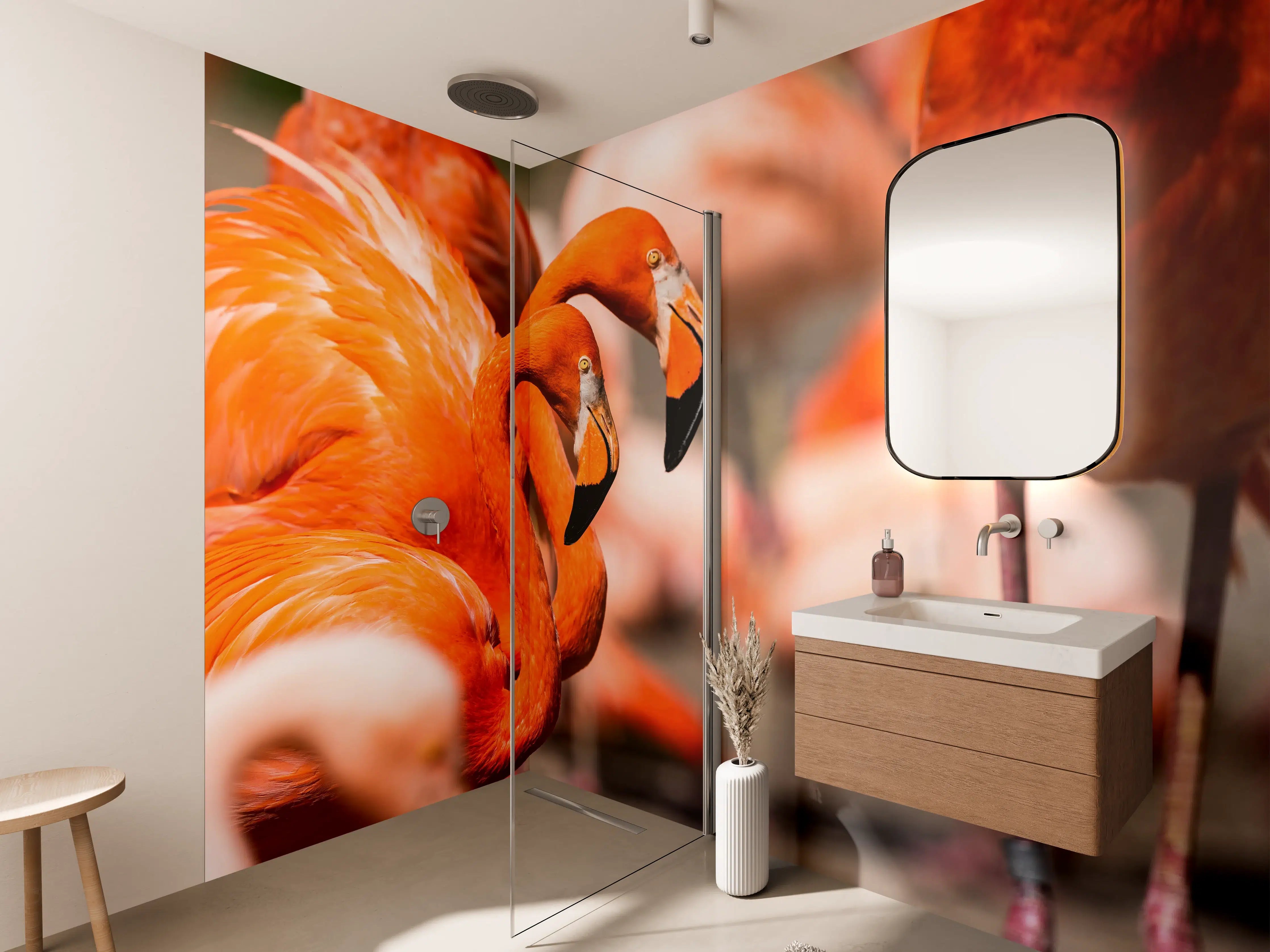 Wandverkleidung Bad - Zwei Flamingos in der Herde