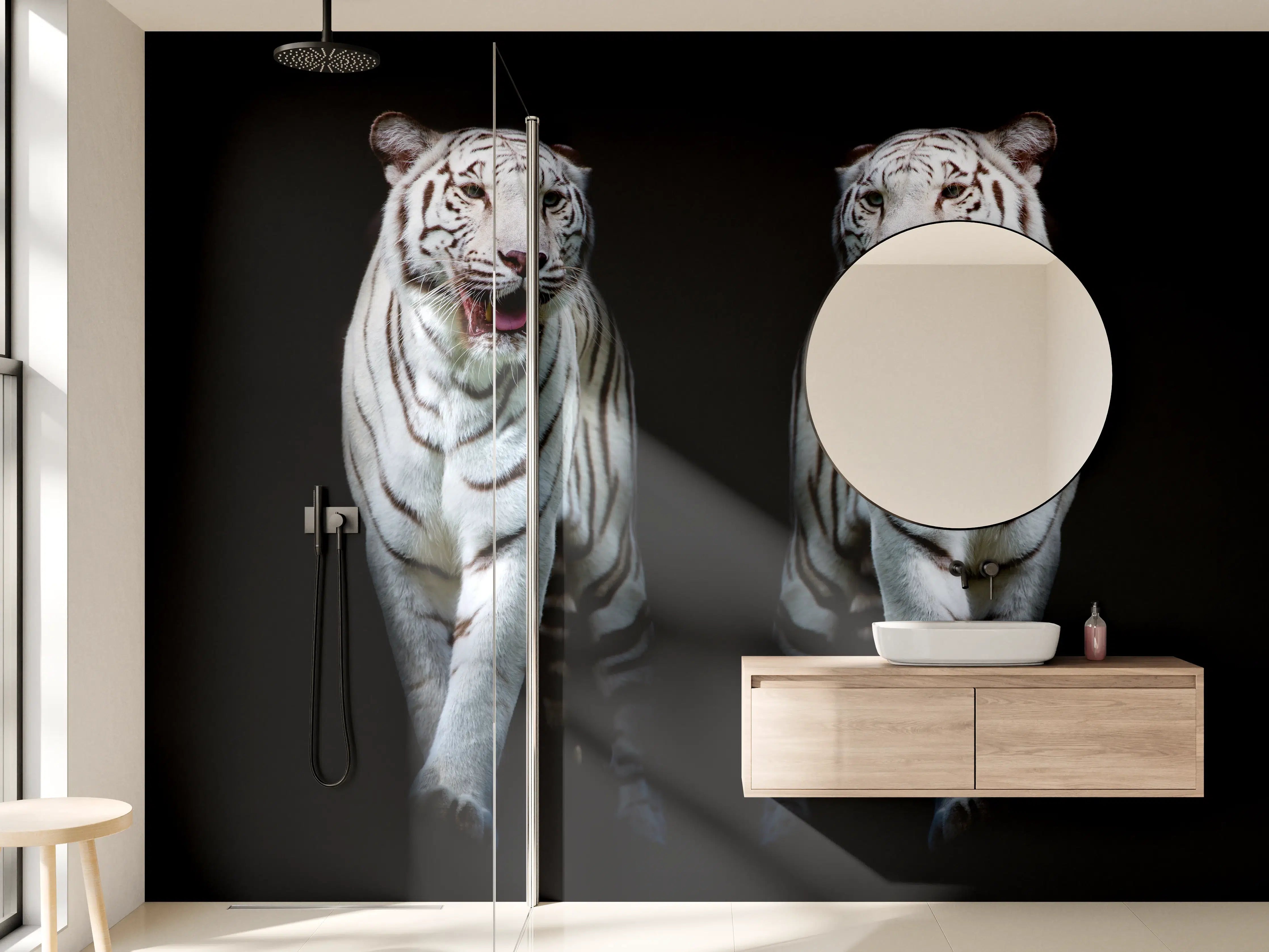 Wandverkleidung Bad - Zwei weiße Tiger auf schwarzem Hintergrund