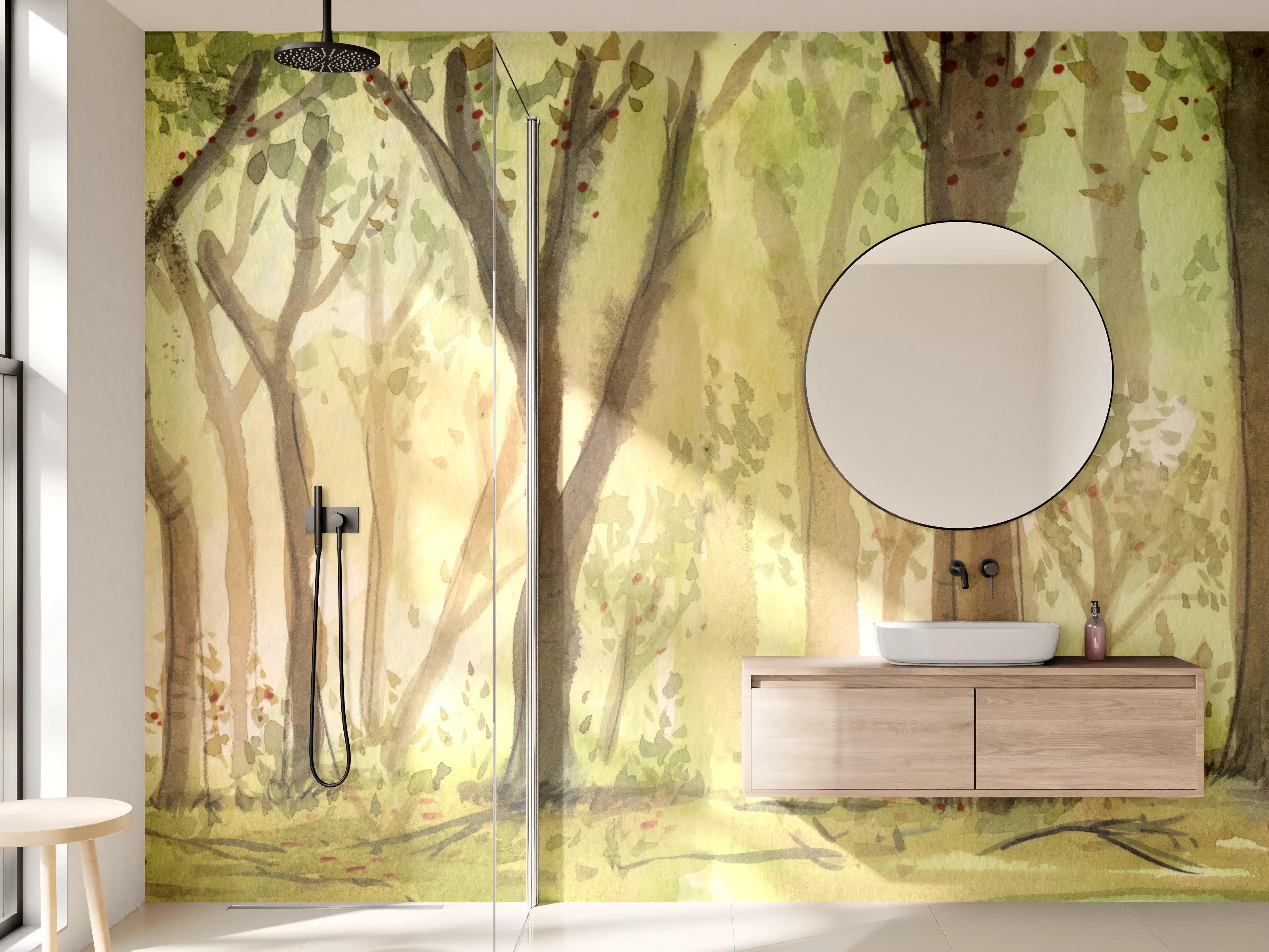 Wandverkleidung Bad - heller Aquarell Wald